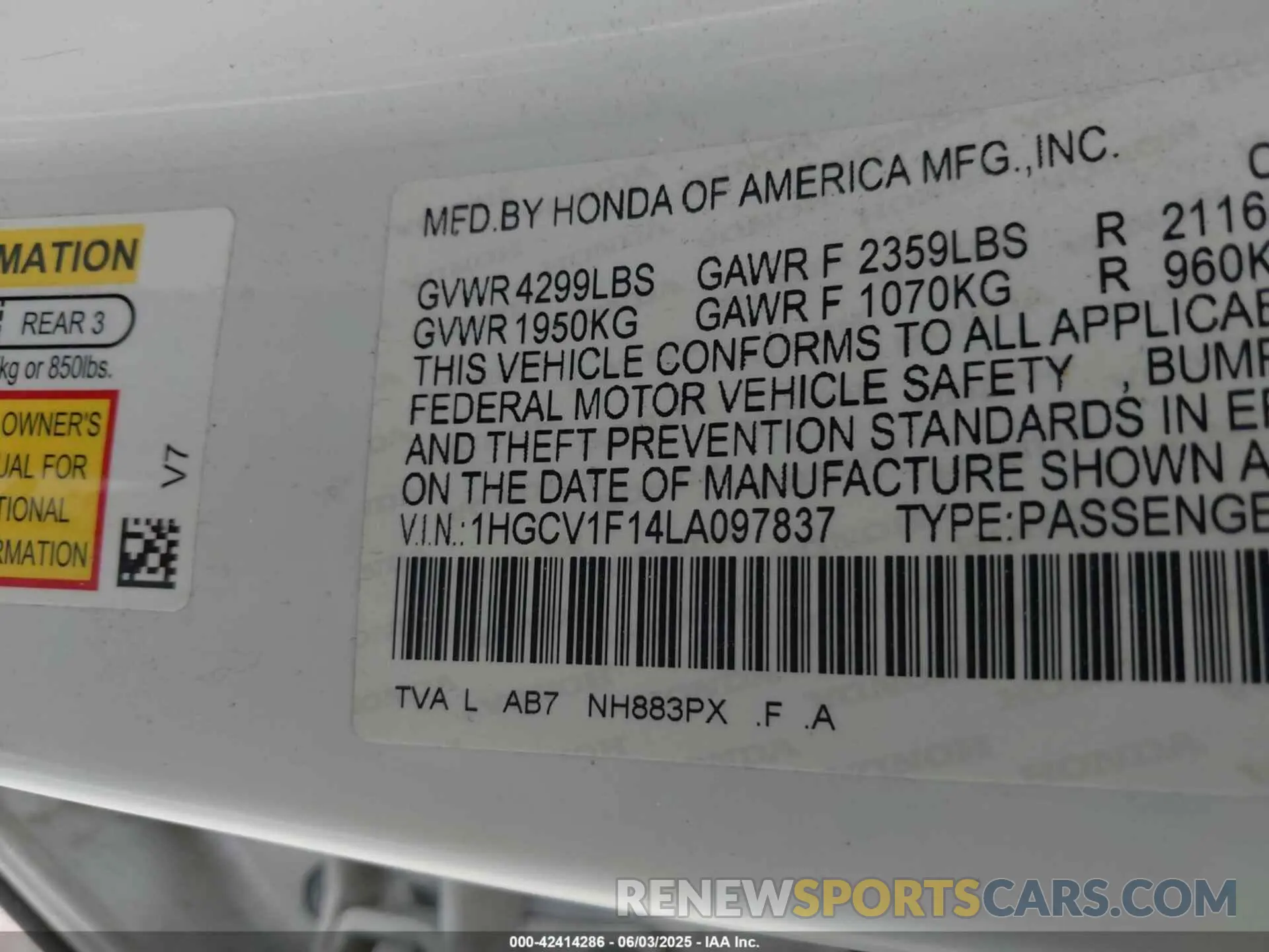 9 Photograph of a damaged car 1HGCV1F14LA097837 HONDA ACCORD 2020