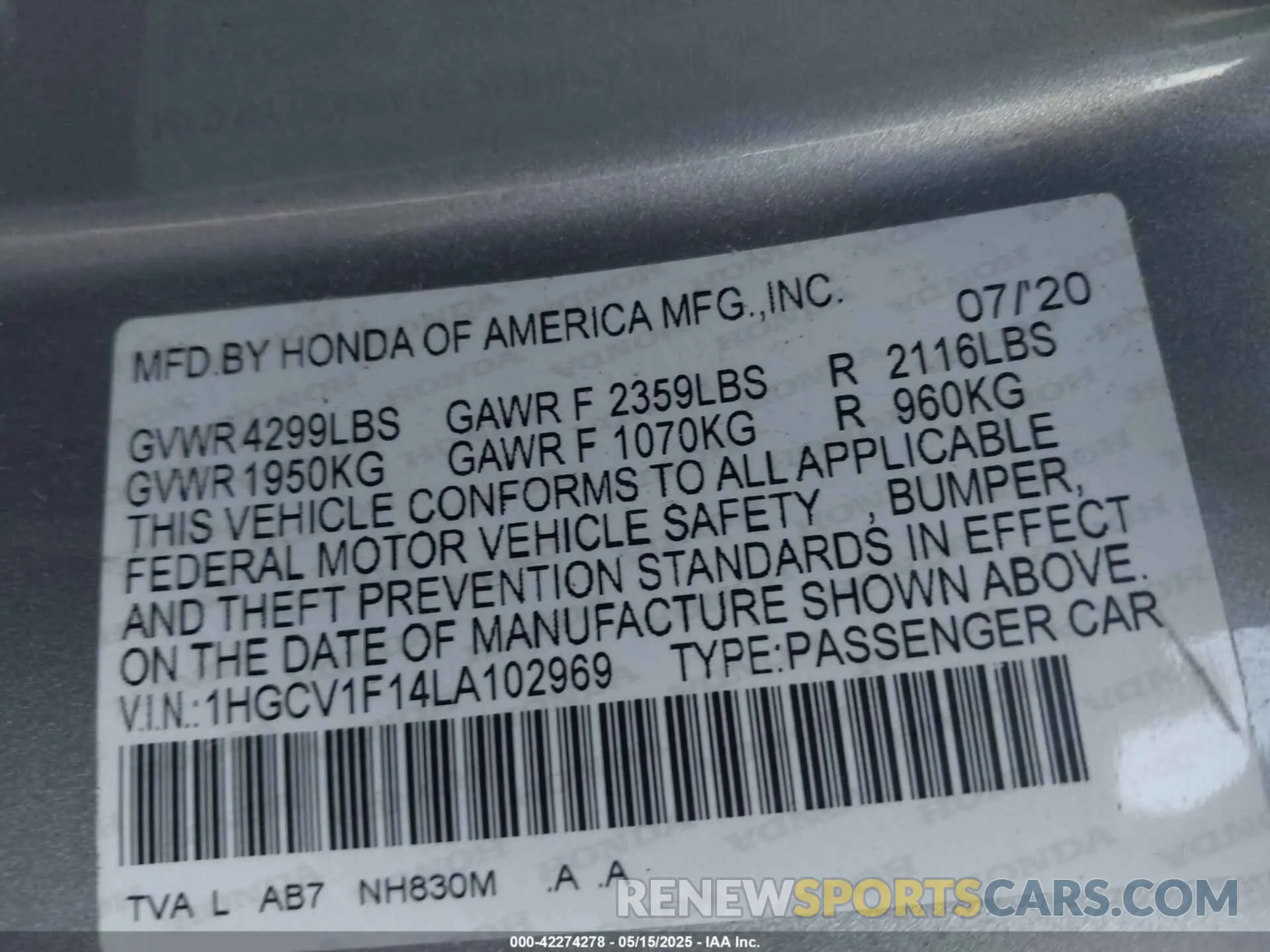 9 Photograph of a damaged car 1HGCV1F14LA102969 HONDA ACCORD 2020
