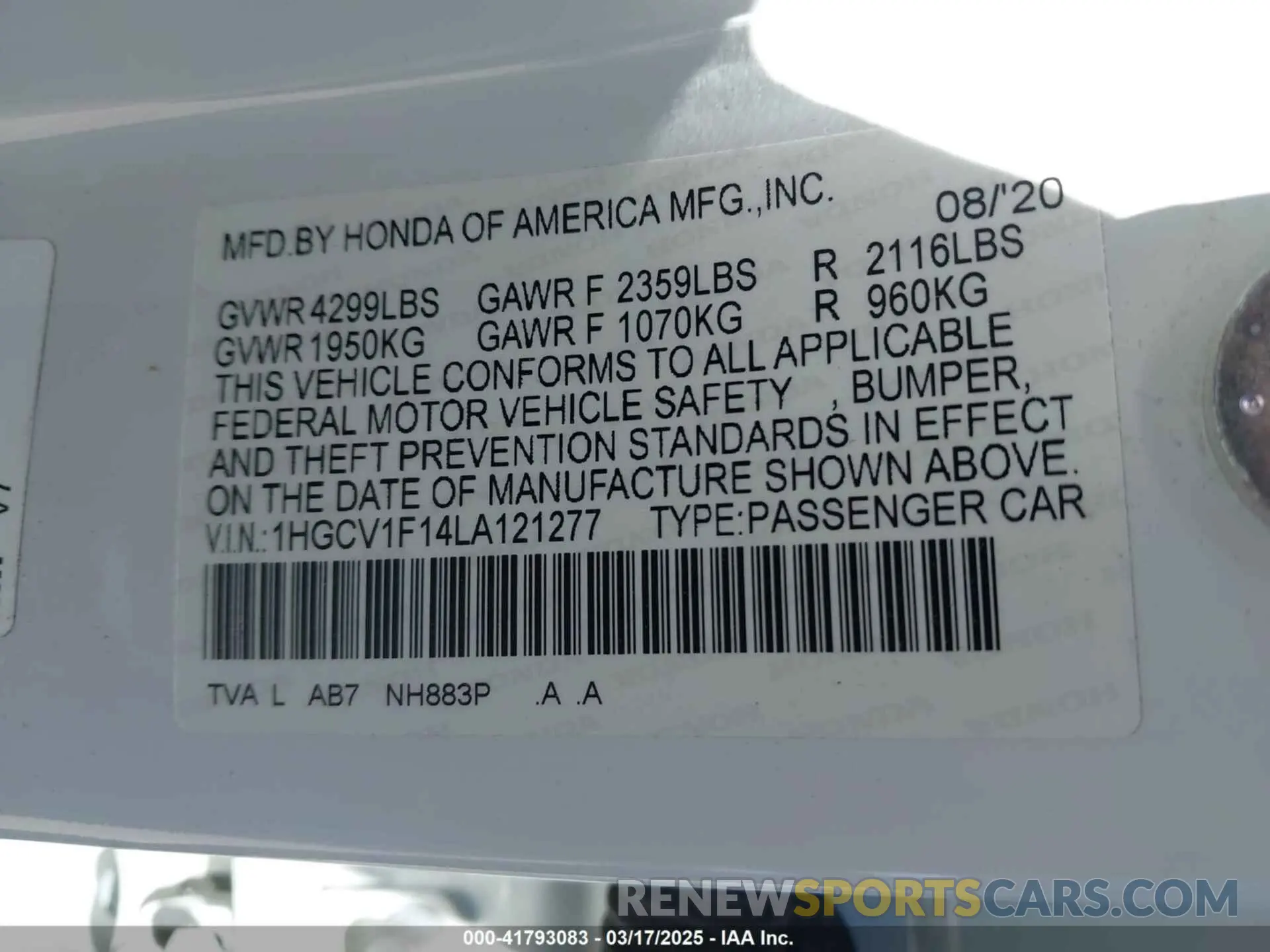 9 Photograph of a damaged car 1HGCV1F14LA121277 HONDA ACCORD 2020