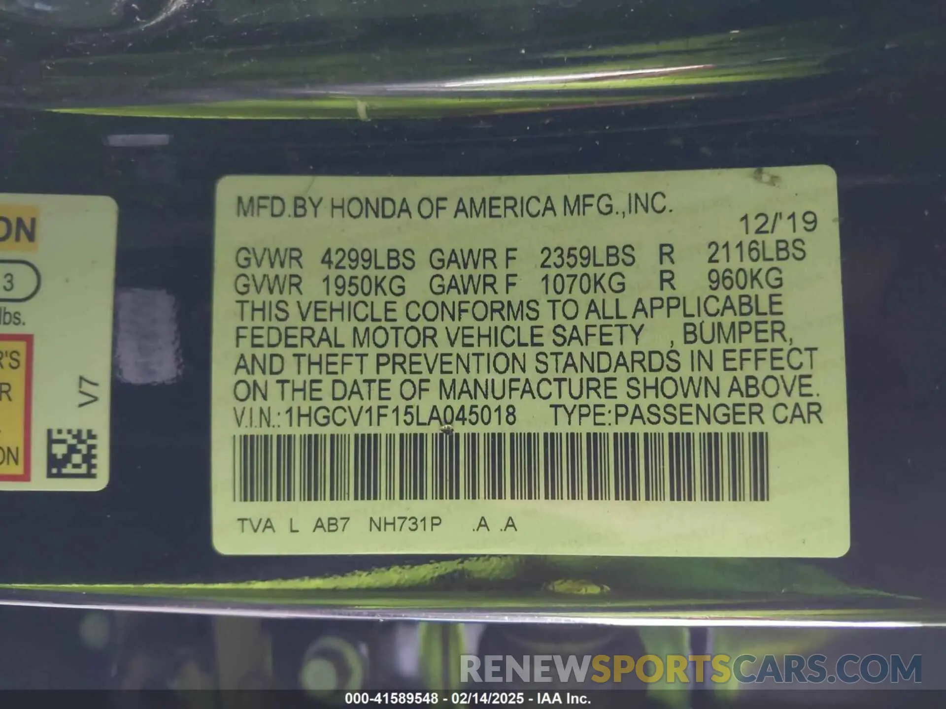 9 Photograph of a damaged car 1HGCV1F15LA045018 HONDA ACCORD 2020