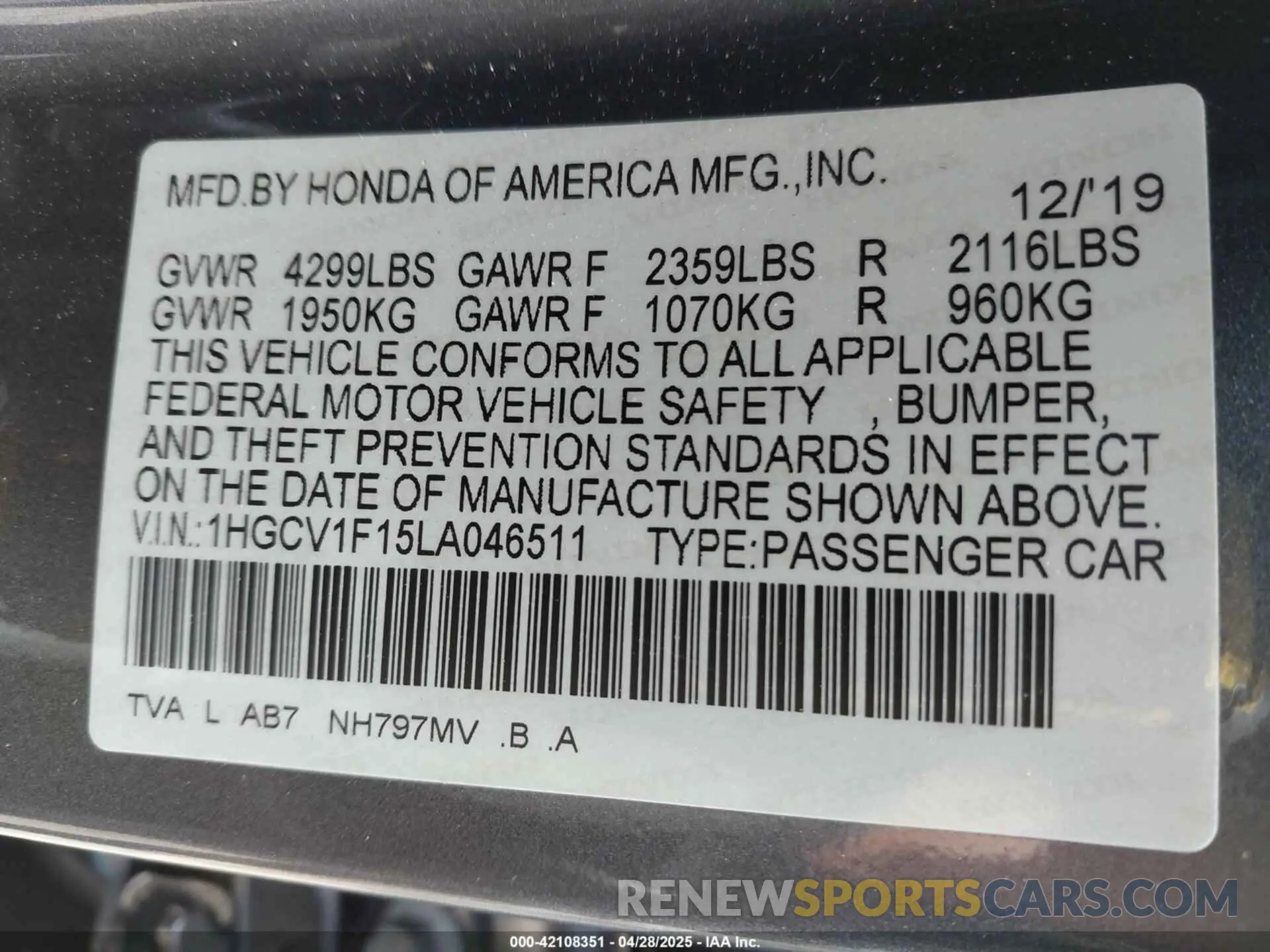 9 Photograph of a damaged car 1HGCV1F15LA046511 HONDA ACCORD 2020