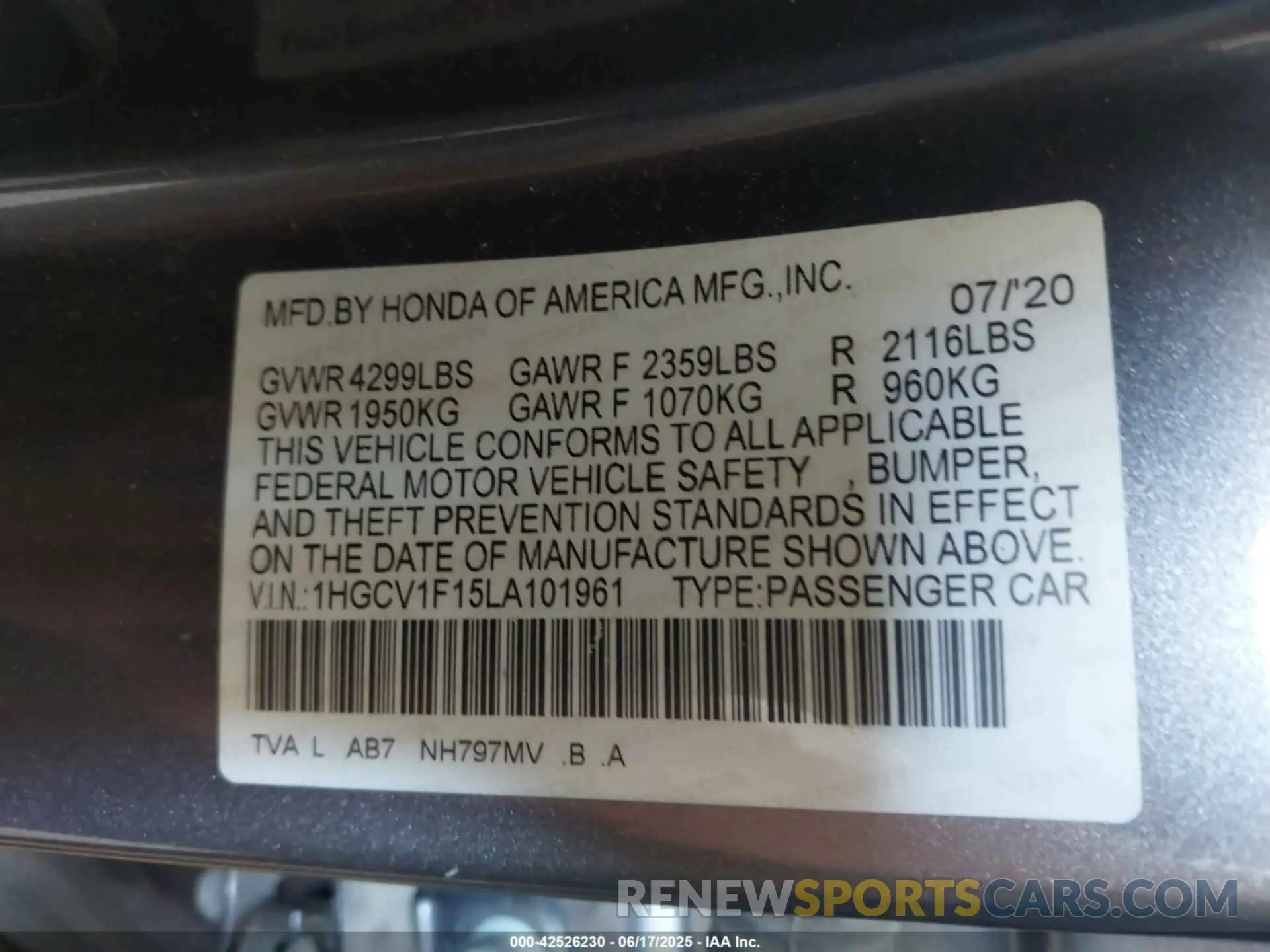 9 Photograph of a damaged car 1HGCV1F15LA101961 HONDA ACCORD 2020