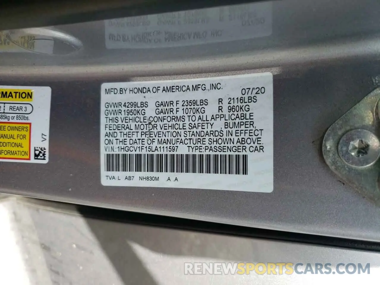 12 Photograph of a damaged car 1HGCV1F15LA111597 HONDA ACCORD 2020