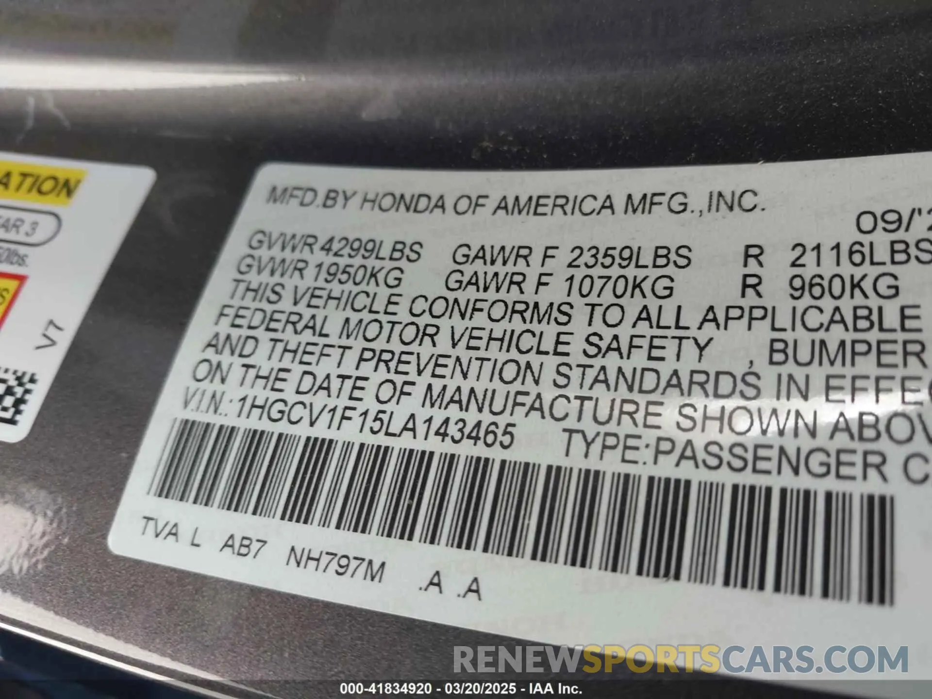 9 Photograph of a damaged car 1HGCV1F15LA143465 HONDA ACCORD 2020