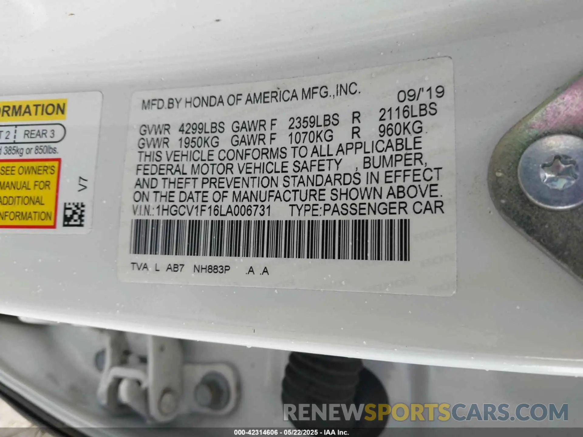 9 Photograph of a damaged car 1HGCV1F16LA006731 HONDA ACCORD 2020