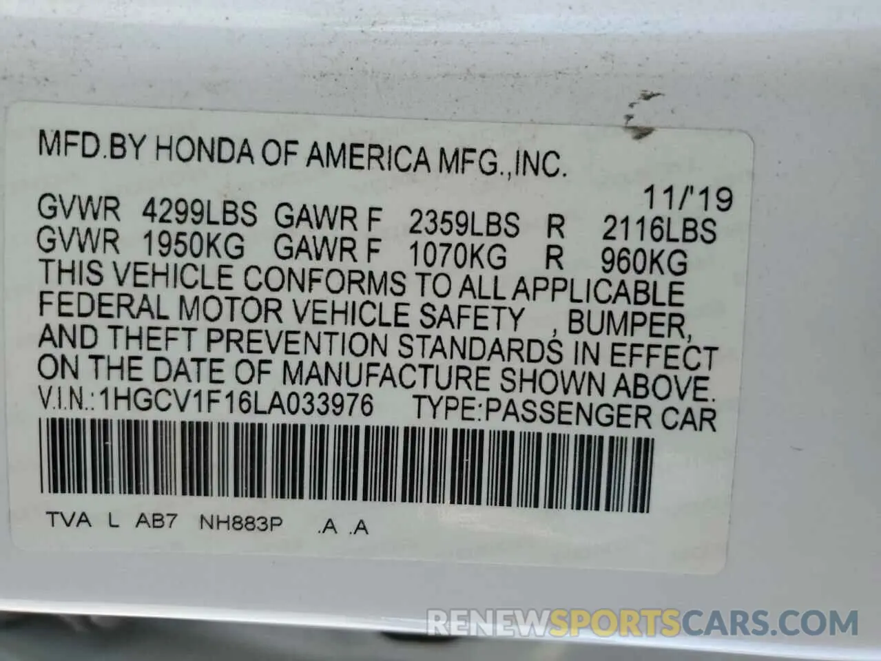 12 Photograph of a damaged car 1HGCV1F16LA033976 HONDA ACCORD 2020