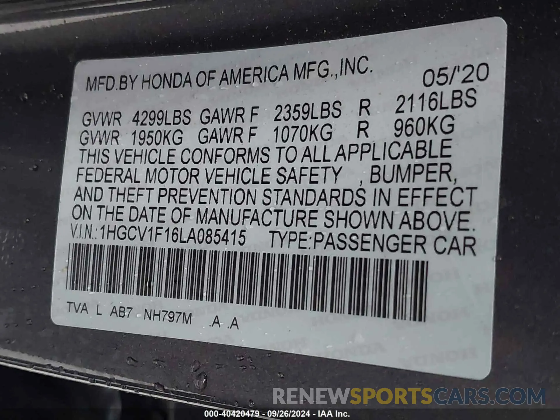 9 Photograph of a damaged car 1HGCV1F16LA085415 HONDA ACCORD 2020