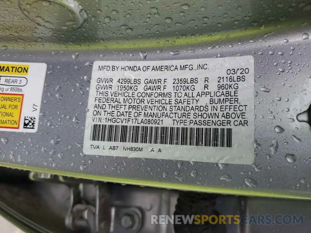 13 Photograph of a damaged car 1HGCV1F17LA080921 HONDA ACCORD 2020