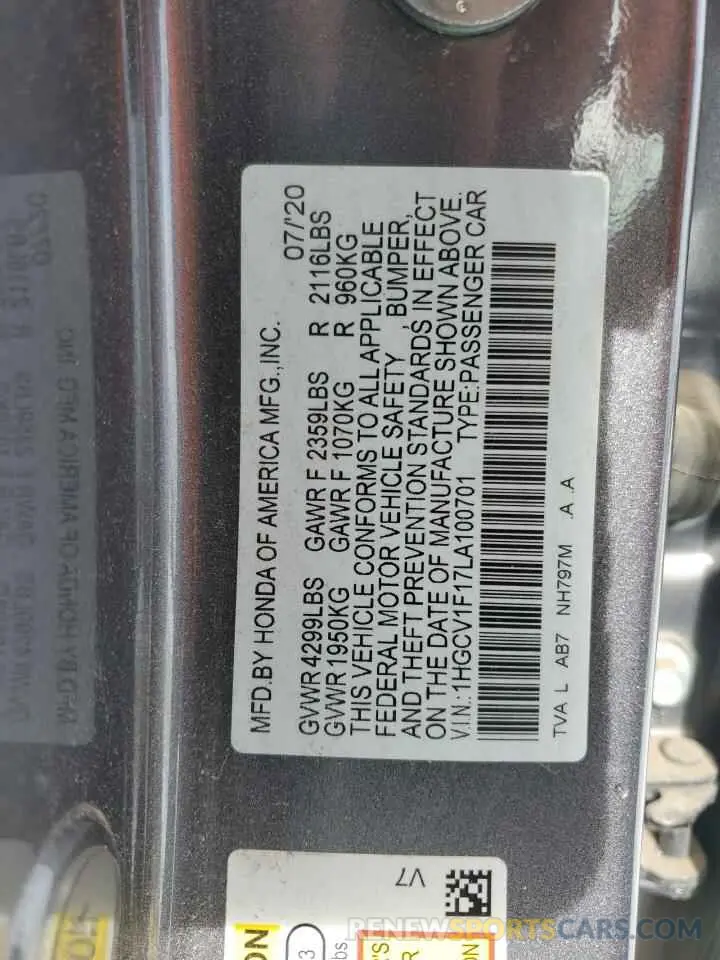 14 Photograph of a damaged car 1HGCV1F17LA100701 HONDA ACCORD 2020
