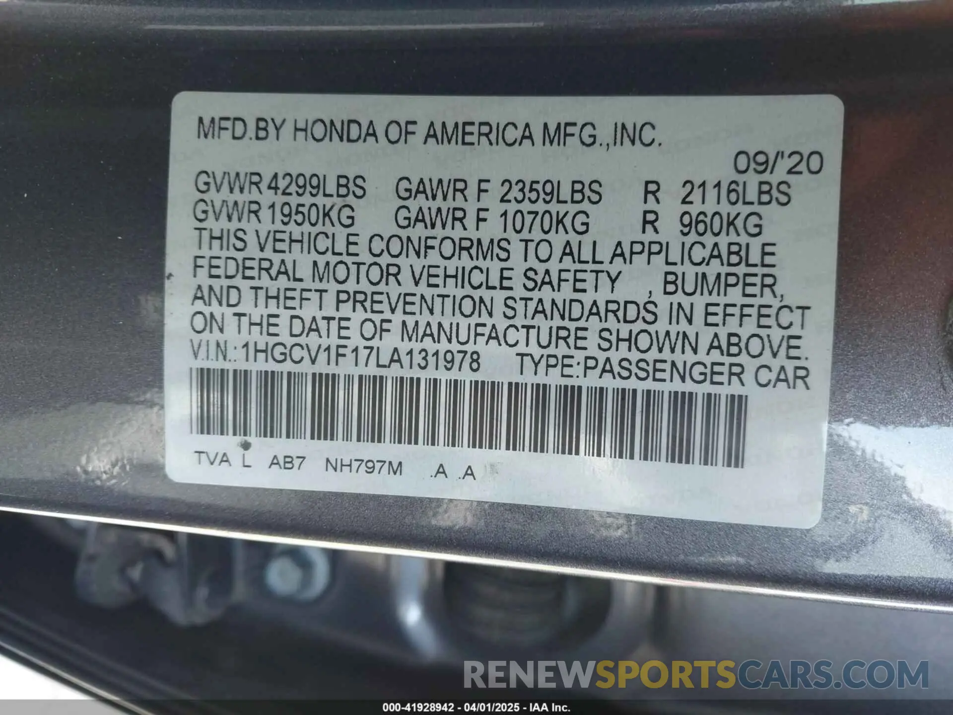 9 Photograph of a damaged car 1HGCV1F17LA131978 HONDA ACCORD 2020