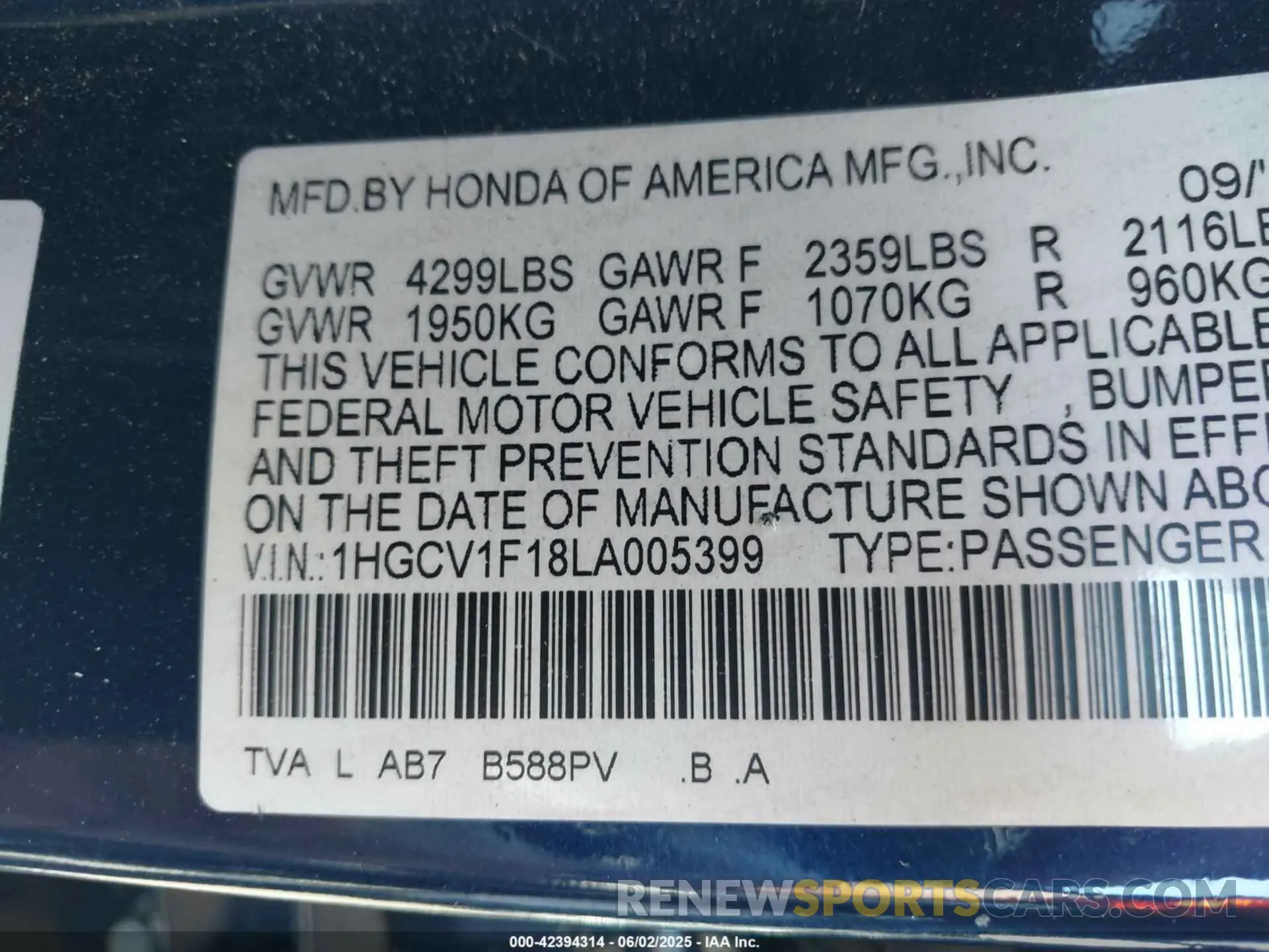 9 Photograph of a damaged car 1HGCV1F18LA005399 HONDA ACCORD 2020