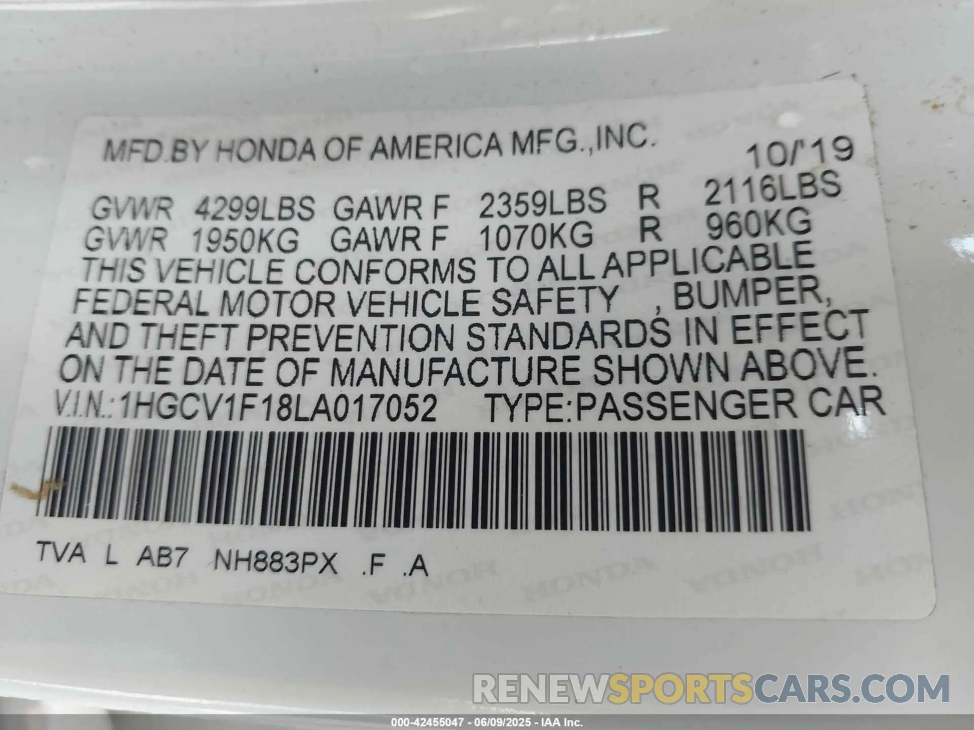 9 Photograph of a damaged car 1HGCV1F18LA017052 HONDA ACCORD 2020