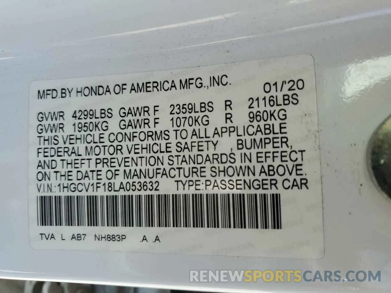 12 Photograph of a damaged car 1HGCV1F18LA053632 HONDA ACCORD 2020