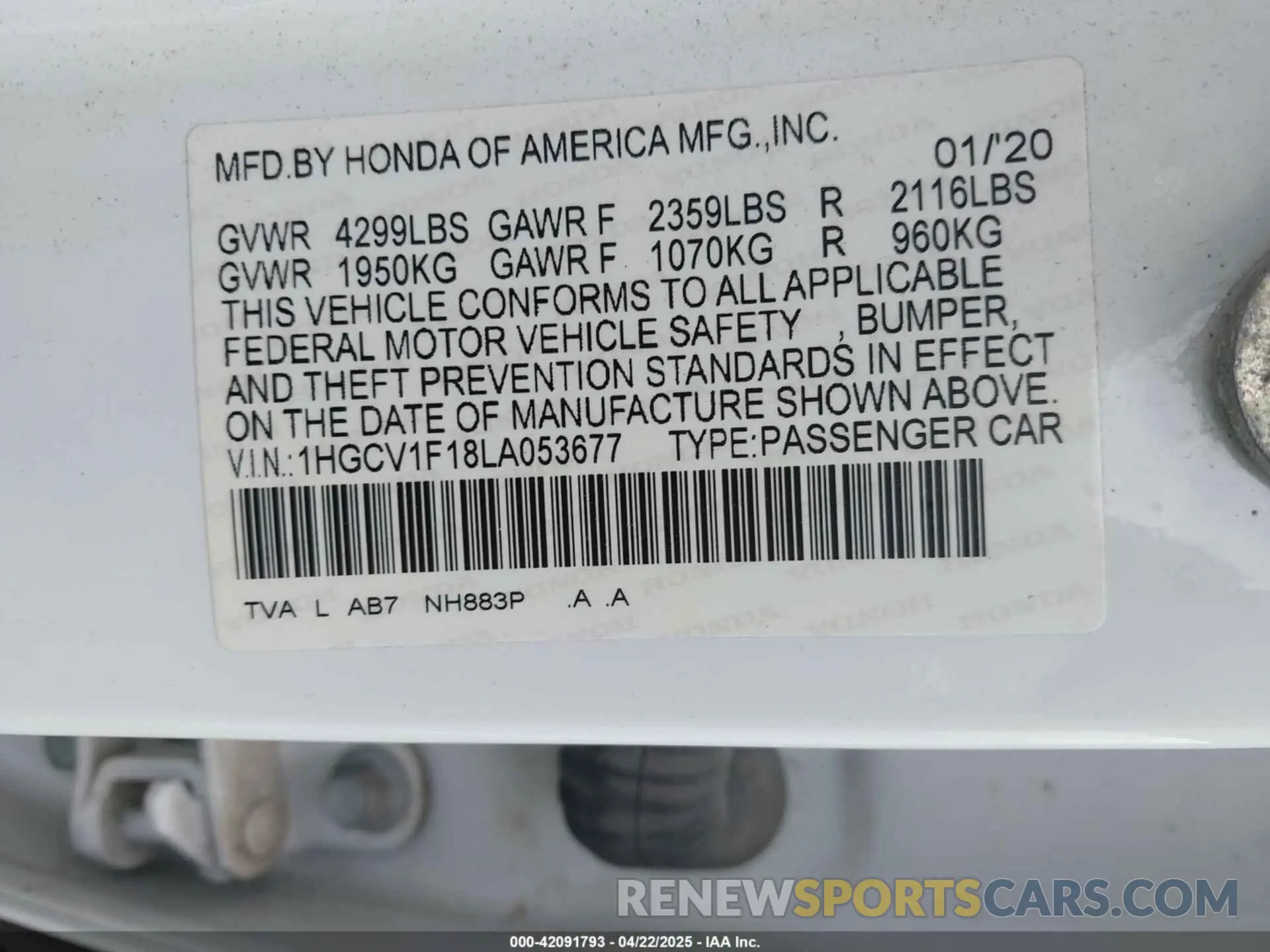 9 Photograph of a damaged car 1HGCV1F18LA053677 HONDA ACCORD 2020
