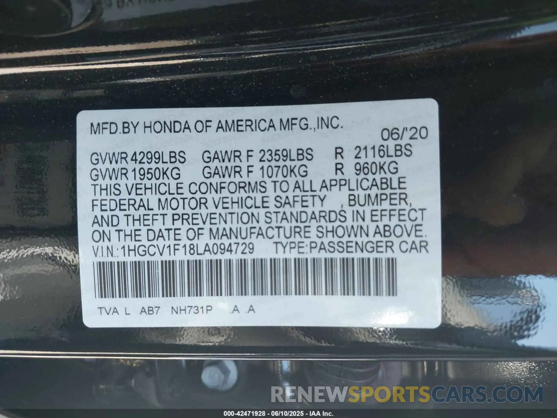 9 Photograph of a damaged car 1HGCV1F18LA094729 HONDA ACCORD 2020