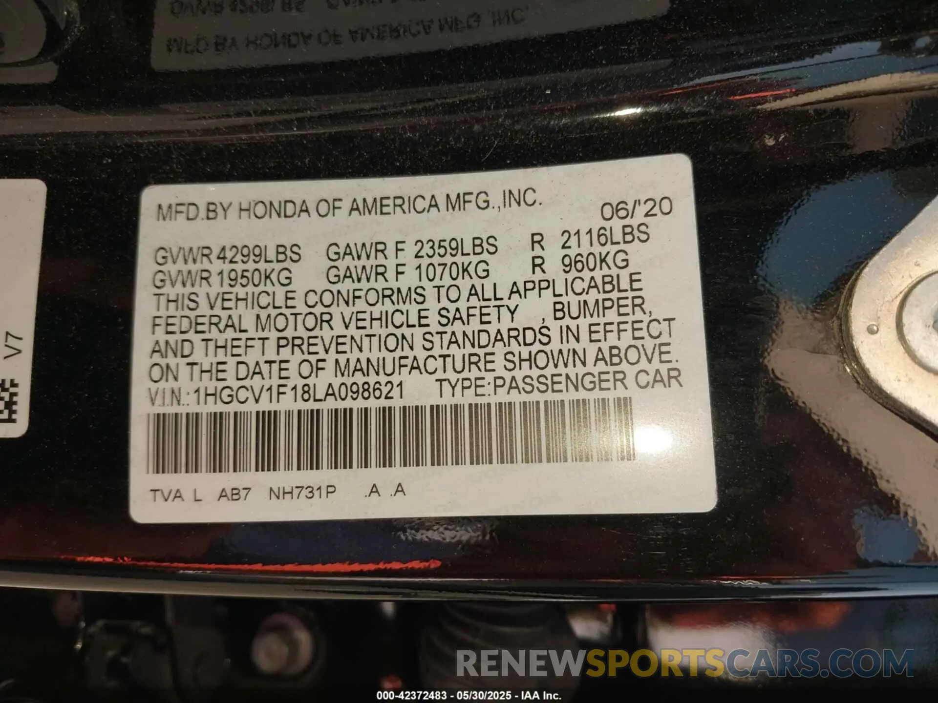 9 Photograph of a damaged car 1HGCV1F18LA098621 HONDA ACCORD 2020