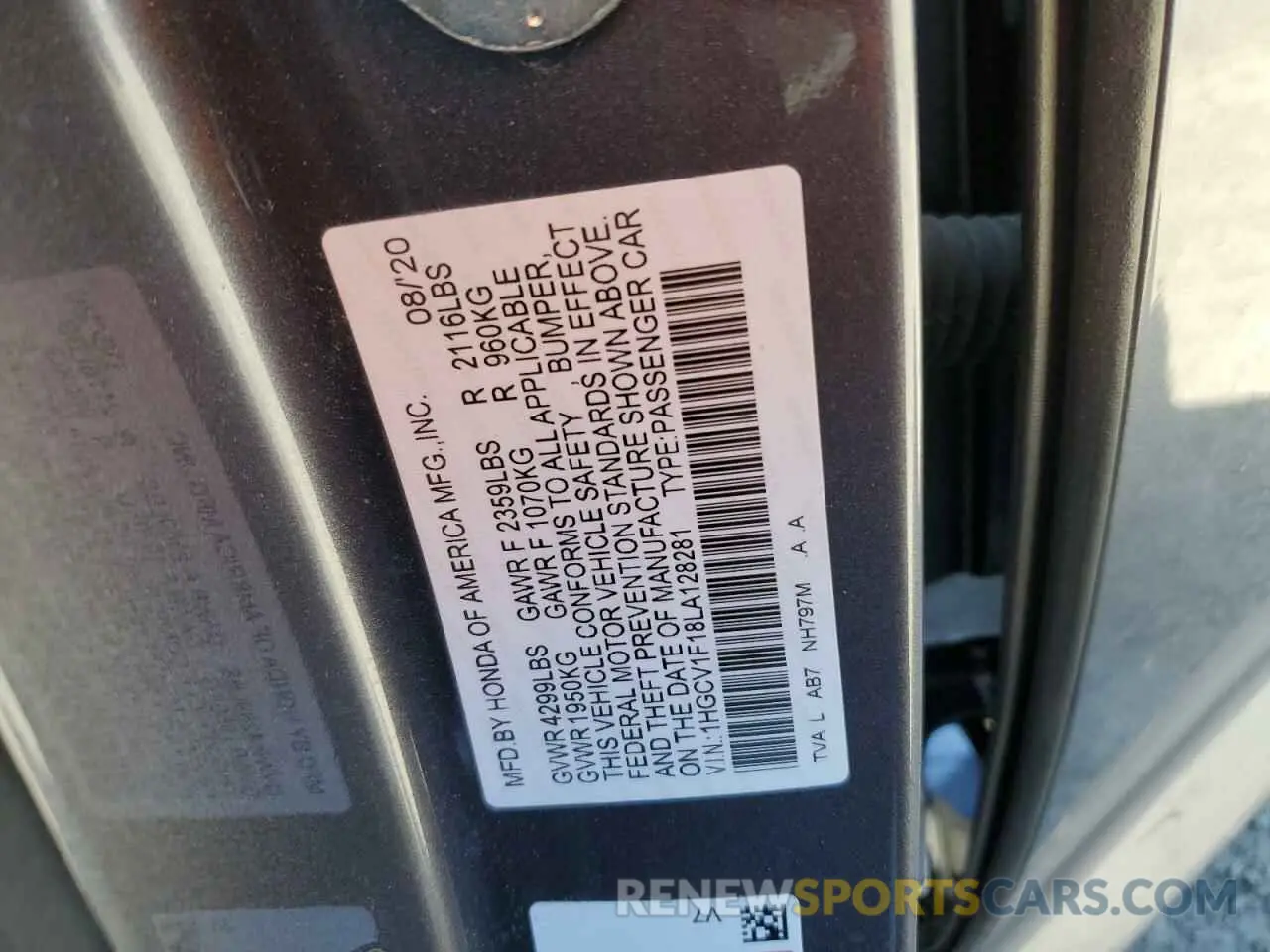 14 Photograph of a damaged car 1HGCV1F18LA128281 HONDA ACCORD 2020