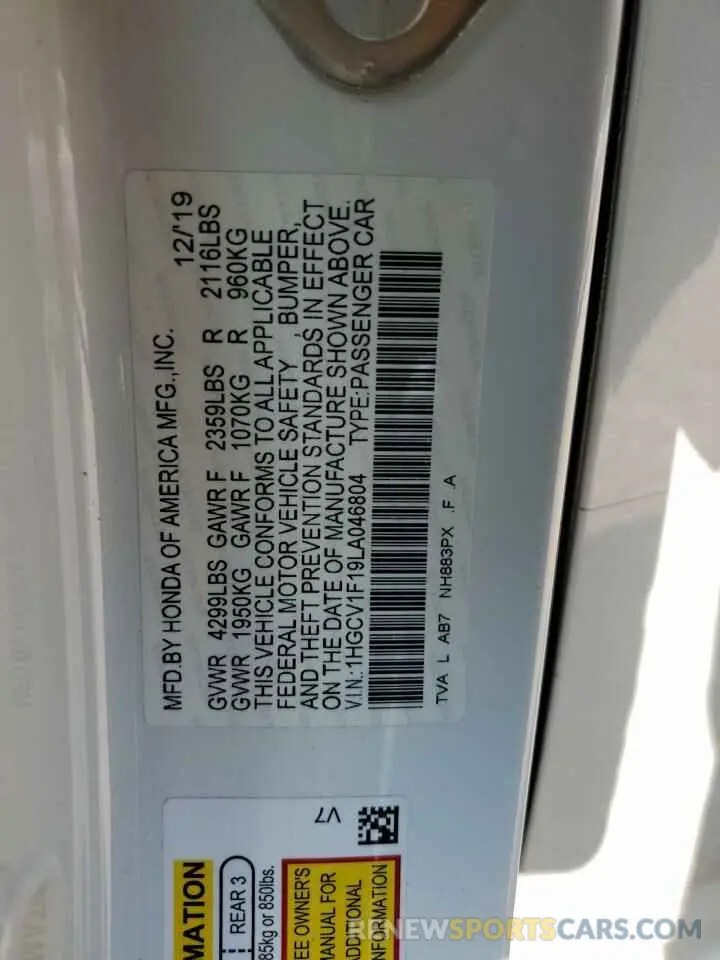 12 Photograph of a damaged car 1HGCV1F19LA046804 HONDA ACCORD 2020