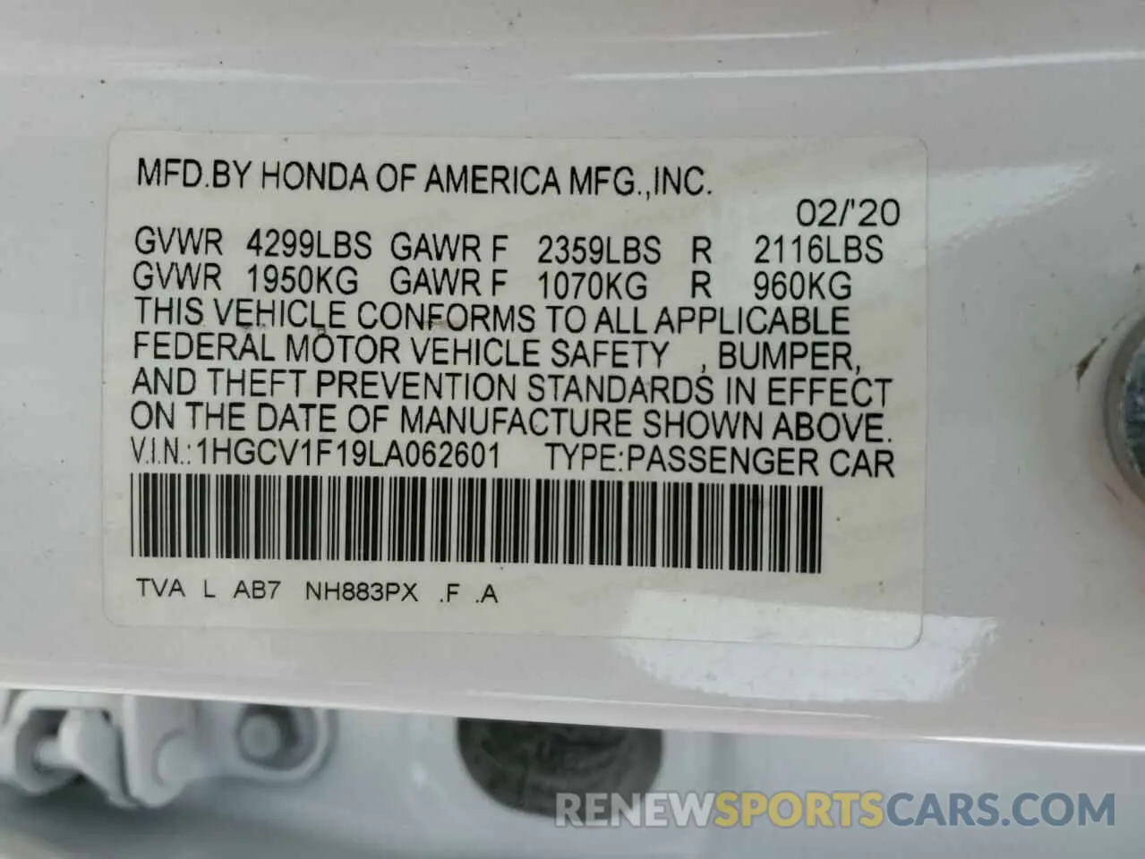 13 Photograph of a damaged car 1HGCV1F19LA062601 HONDA ACCORD 2020