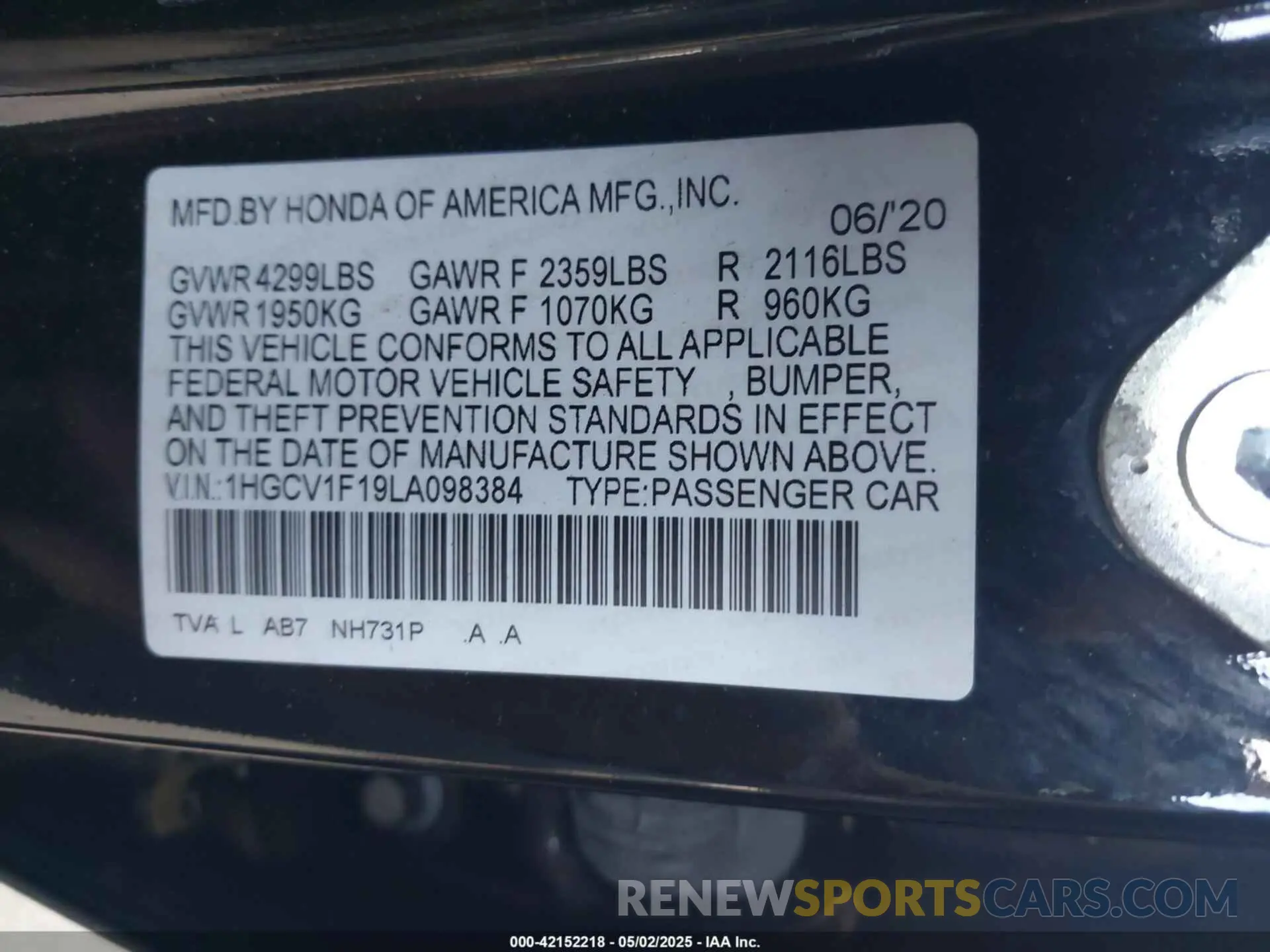 9 Photograph of a damaged car 1HGCV1F19LA098384 HONDA ACCORD 2020