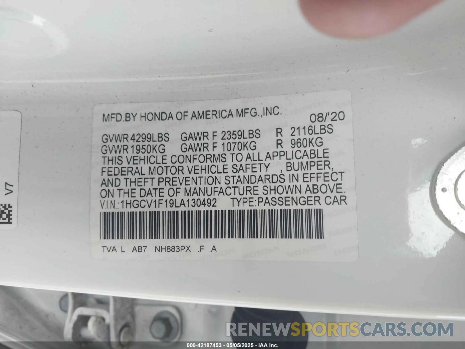 9 Photograph of a damaged car 1HGCV1F19LA130492 HONDA ACCORD 2020