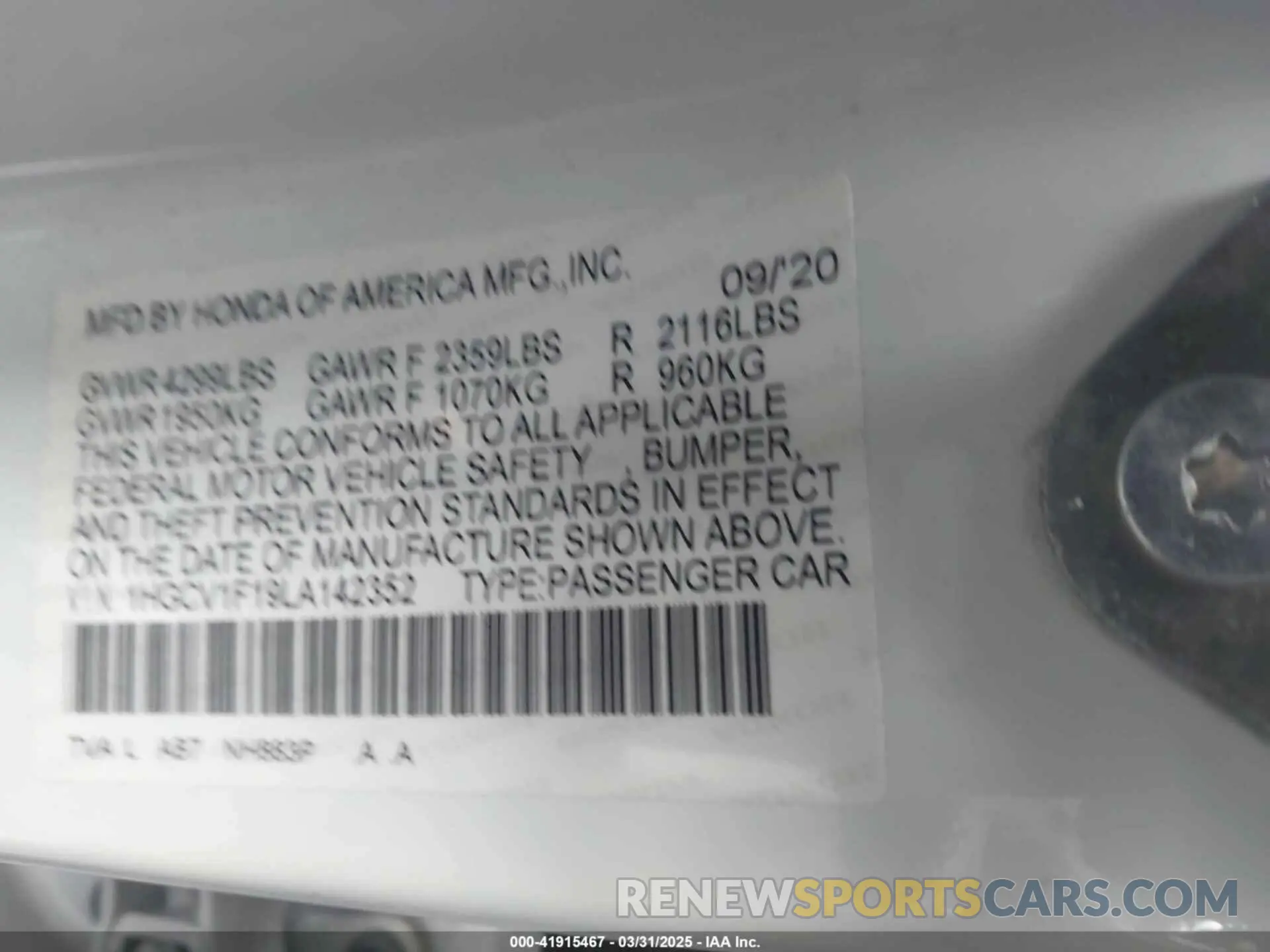 9 Photograph of a damaged car 1HGCV1F19LA142352 HONDA ACCORD 2020