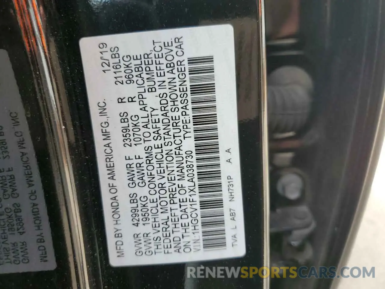 12 Photograph of a damaged car 1HGCV1F1XLA038730 HONDA ACCORD 2020