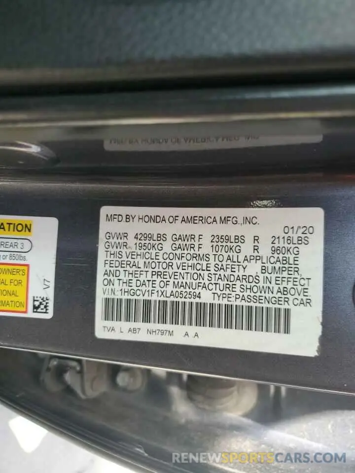 12 Photograph of a damaged car 1HGCV1F1XLA052594 HONDA ACCORD 2020