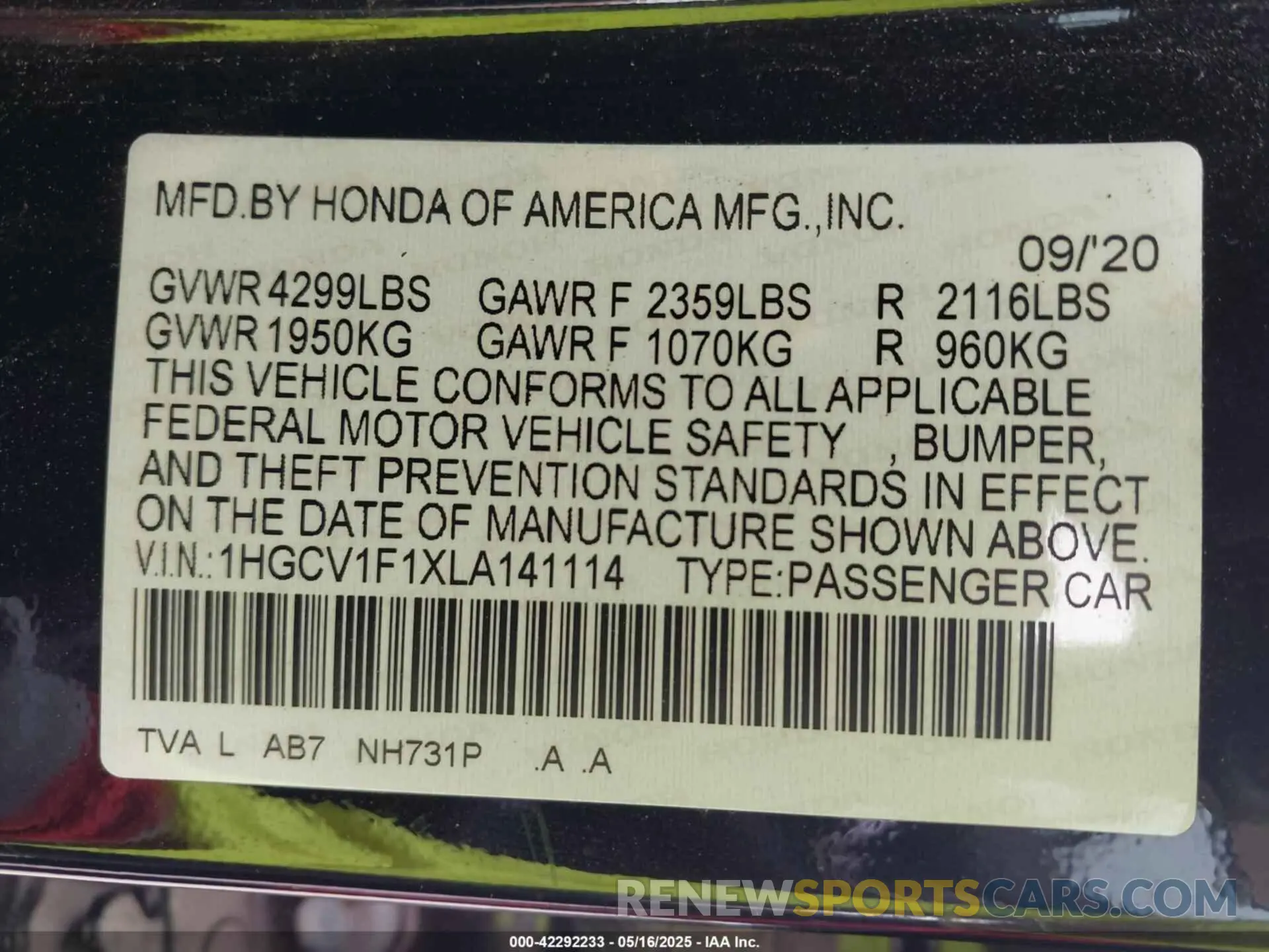 9 Photograph of a damaged car 1HGCV1F1XLA141114 HONDA ACCORD 2020