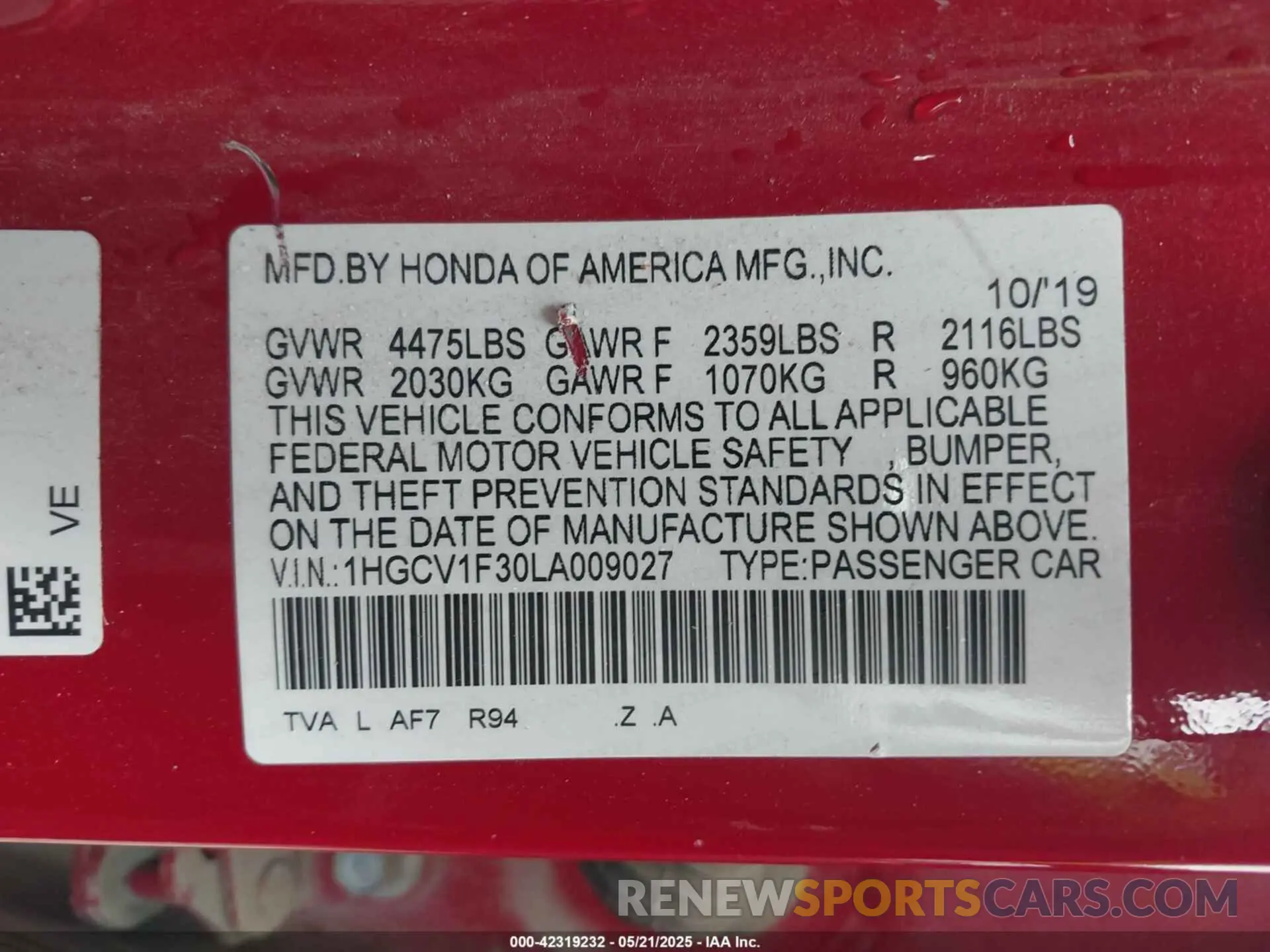 9 Photograph of a damaged car 1HGCV1F30LA009027 HONDA ACCORD 2020