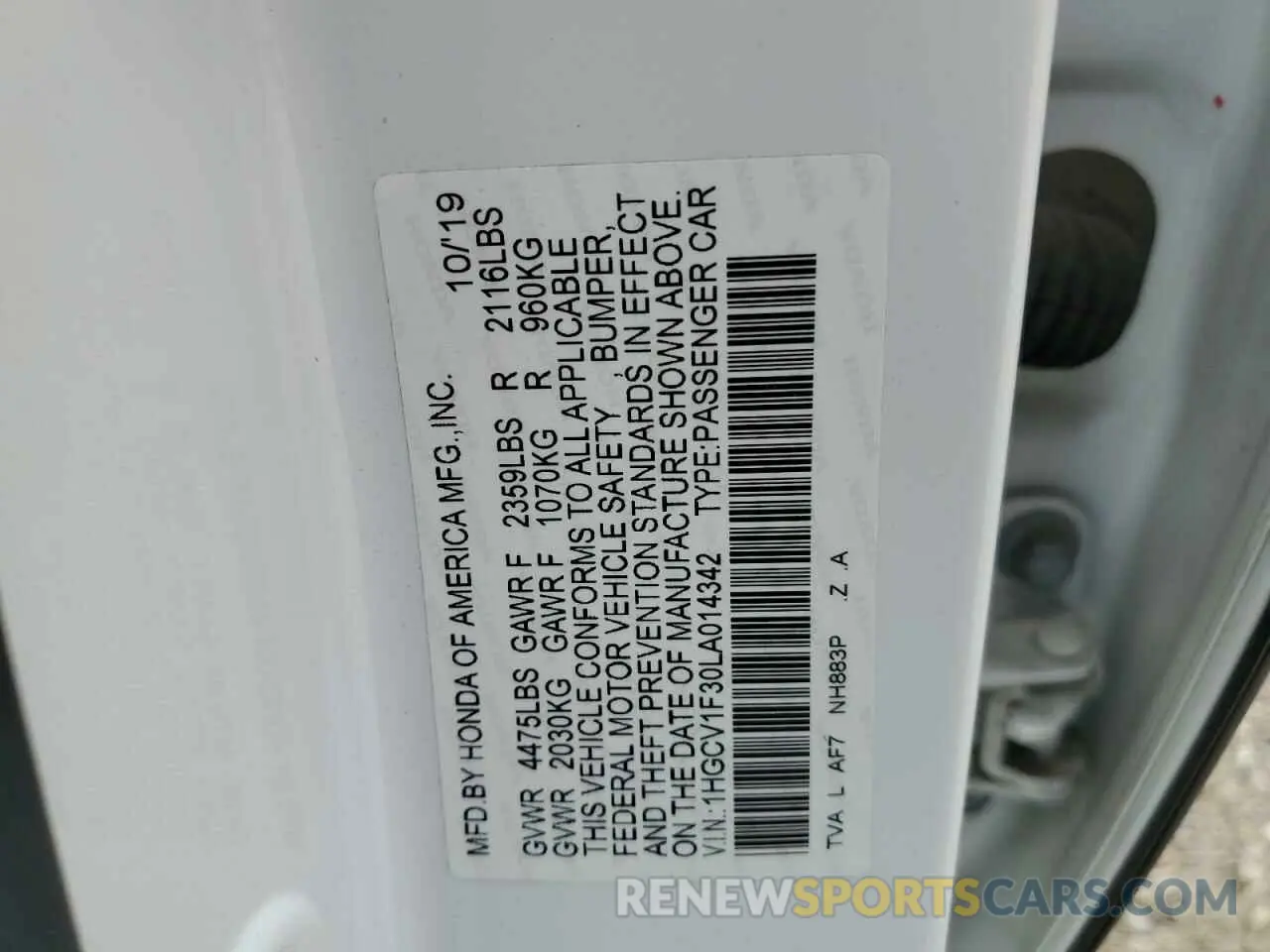 13 Photograph of a damaged car 1HGCV1F30LA014342 HONDA ACCORD 2020