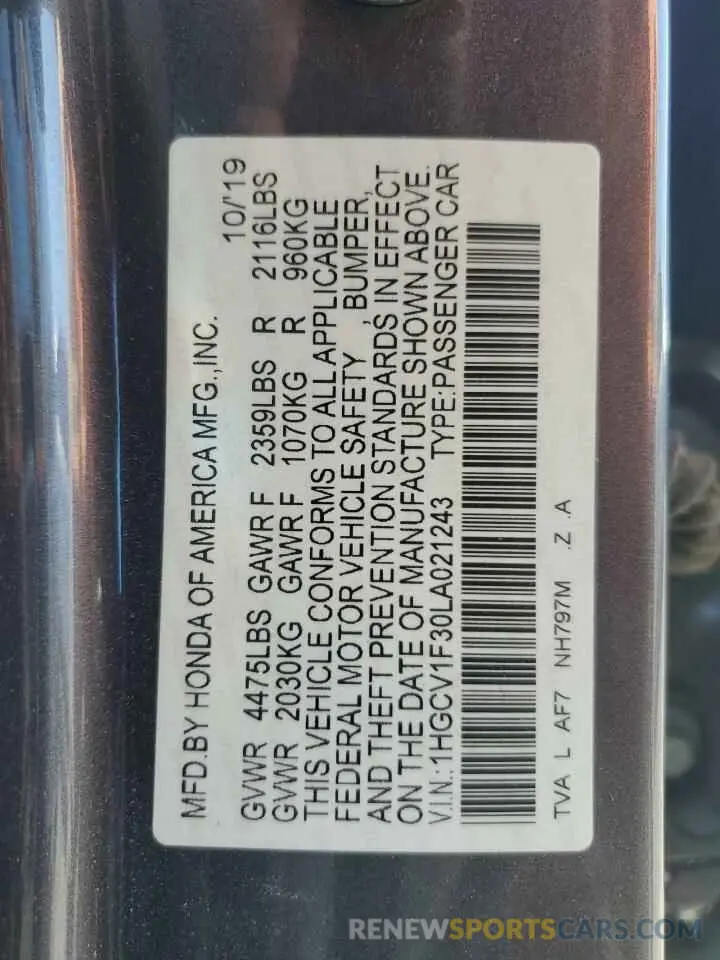 13 Photograph of a damaged car 1HGCV1F30LA021243 HONDA ACCORD 2020