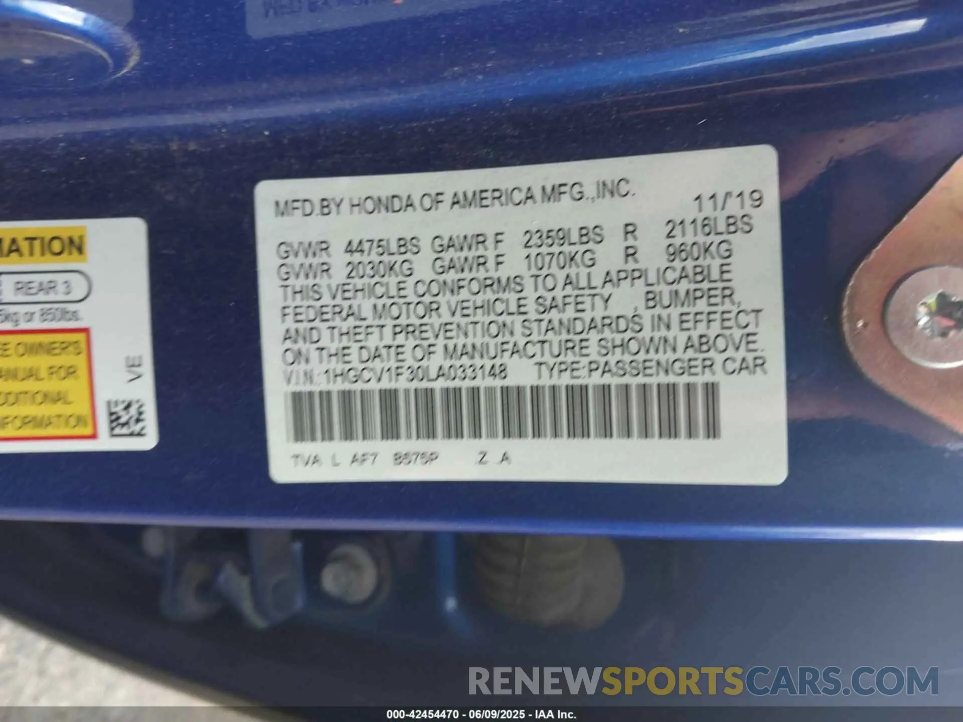 9 Photograph of a damaged car 1HGCV1F30LA033148 HONDA ACCORD 2020