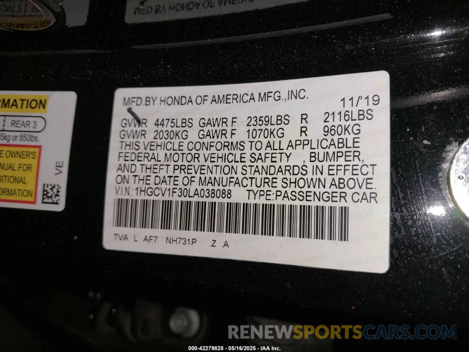 9 Photograph of a damaged car 1HGCV1F30LA038088 HONDA ACCORD 2020