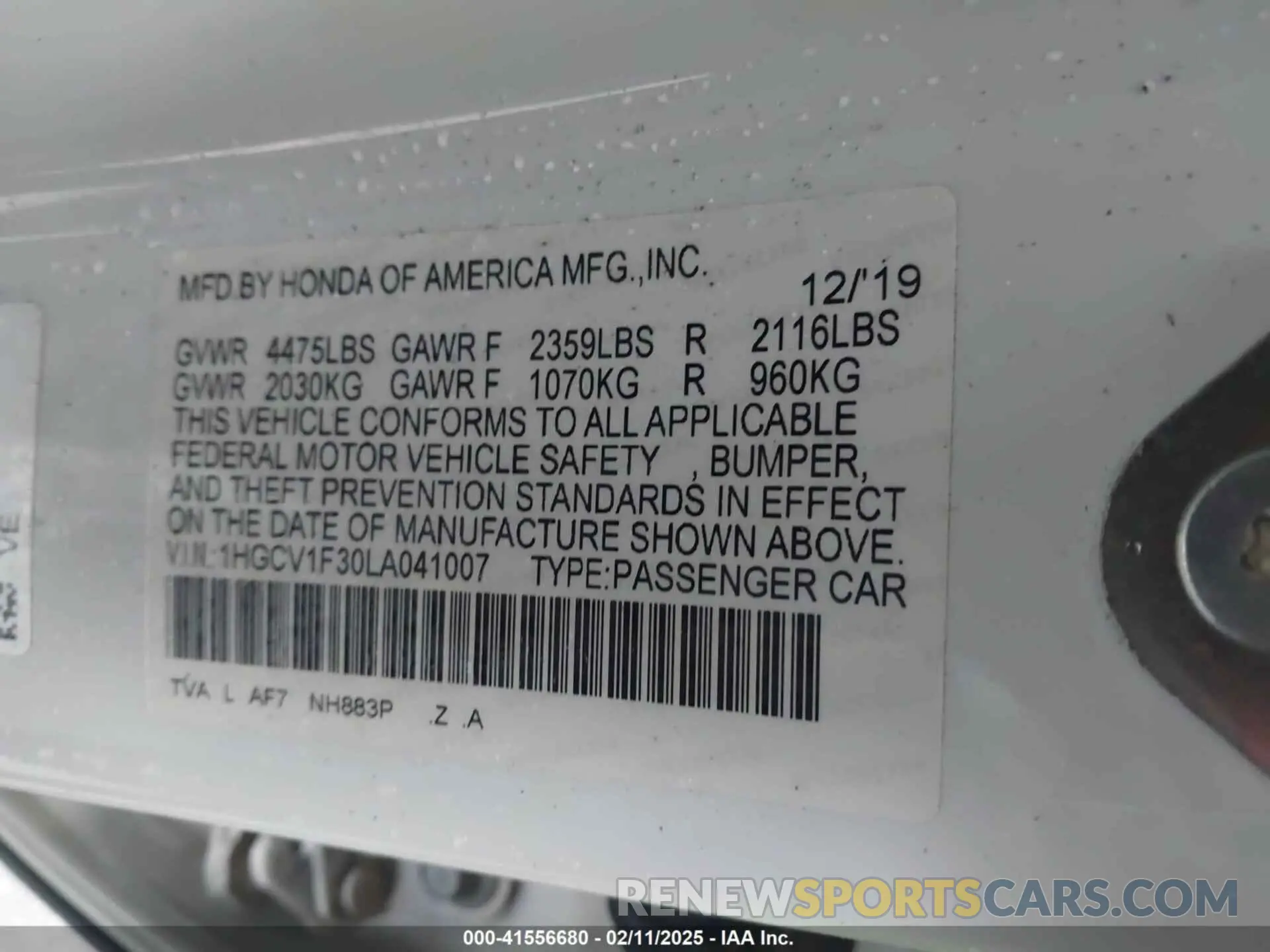 9 Photograph of a damaged car 1HGCV1F30LA041007 HONDA ACCORD 2020