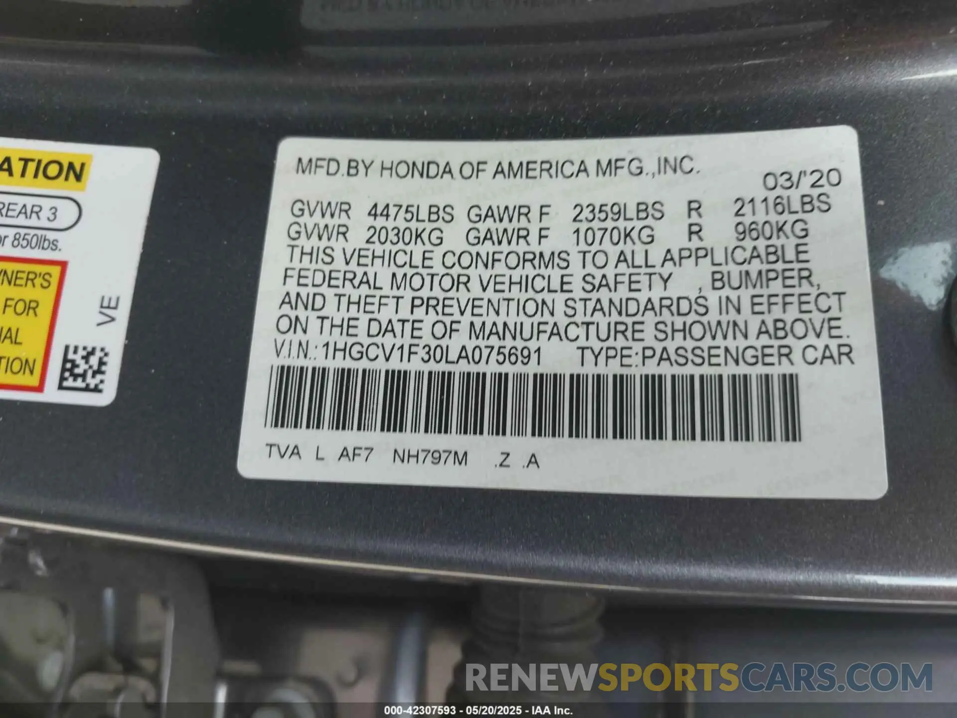 9 Photograph of a damaged car 1HGCV1F30LA075691 HONDA ACCORD 2020