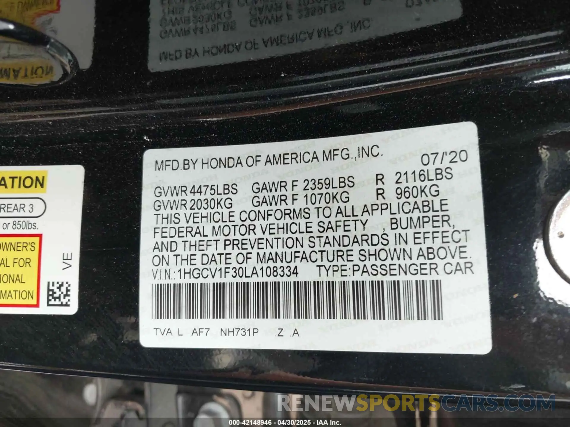 9 Photograph of a damaged car 1HGCV1F30LA108334 HONDA ACCORD 2020