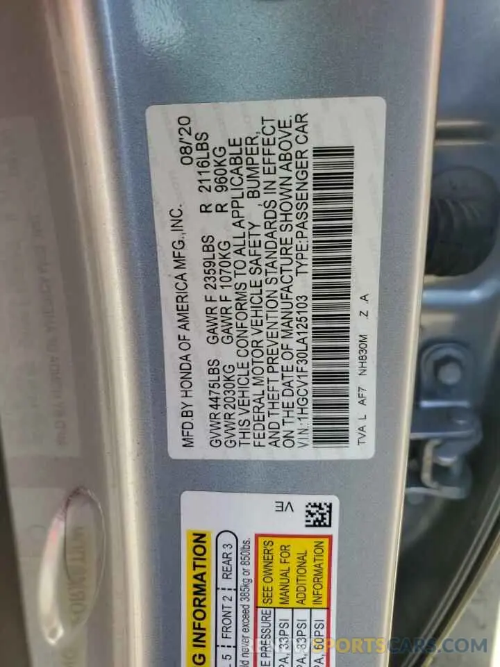 12 Photograph of a damaged car 1HGCV1F30LA125103 HONDA ACCORD 2020