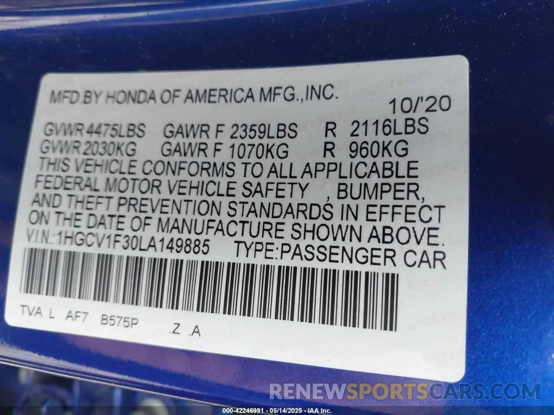 9 Photograph of a damaged car 1HGCV1F30LA149885 HONDA ACCORD 2020