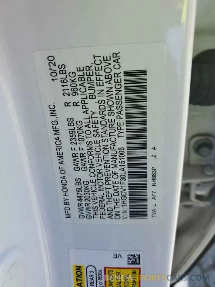 12 Photograph of a damaged car 1HGCV1F30LA151006 HONDA ACCORD 2020