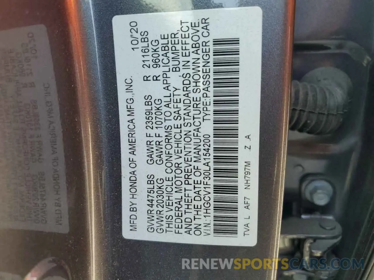12 Photograph of a damaged car 1HGCV1F30LA154200 HONDA ACCORD 2020