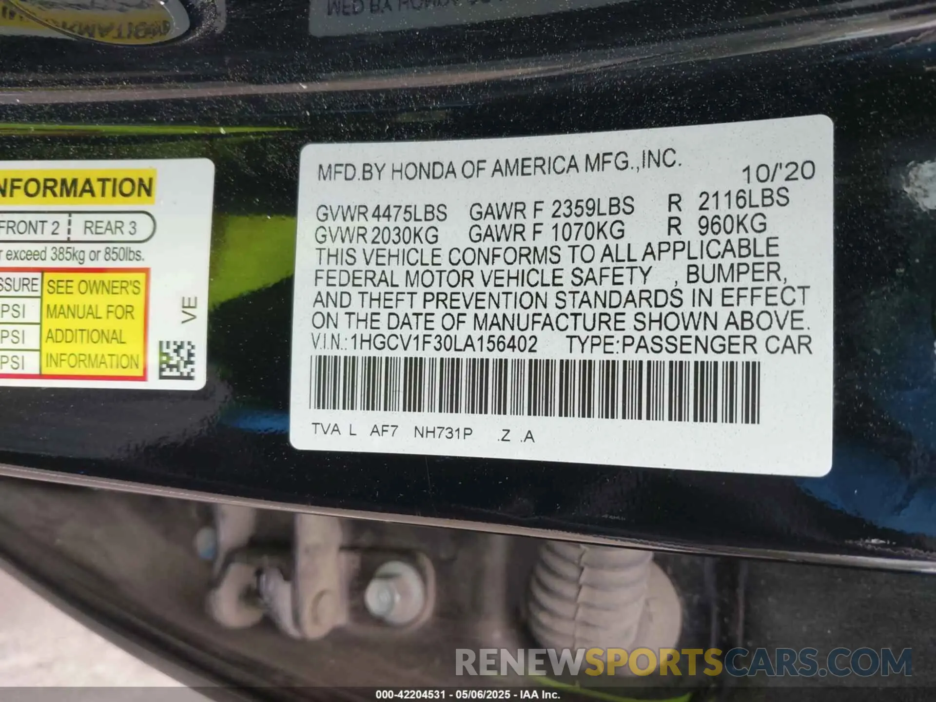 9 Photograph of a damaged car 1HGCV1F30LA156402 HONDA ACCORD 2020