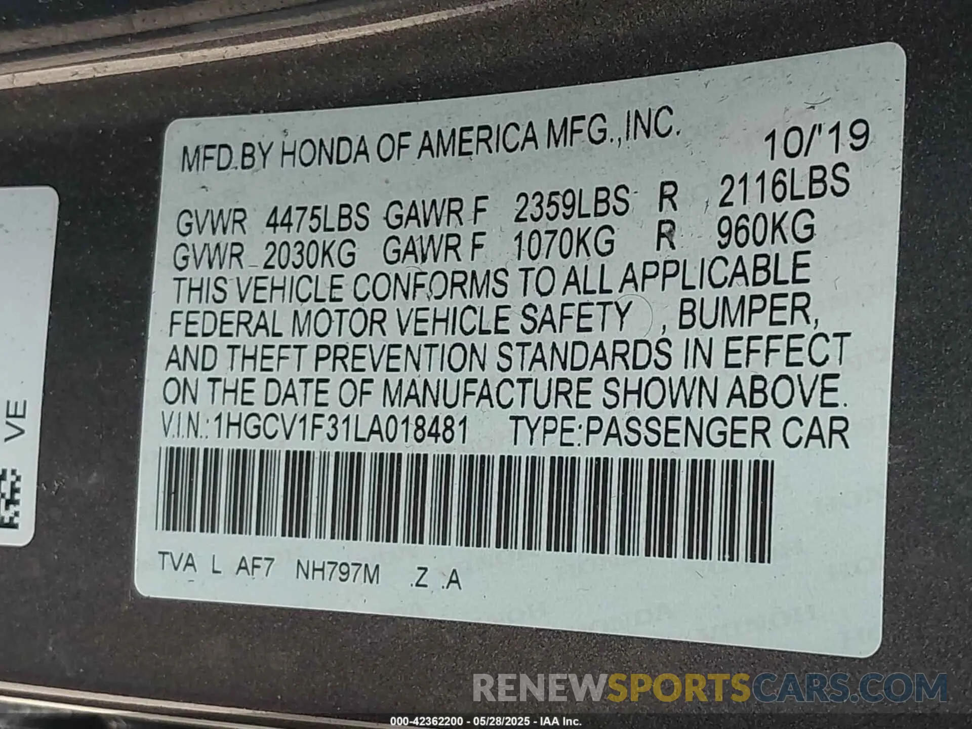 9 Photograph of a damaged car 1HGCV1F31LA018481 HONDA ACCORD 2020