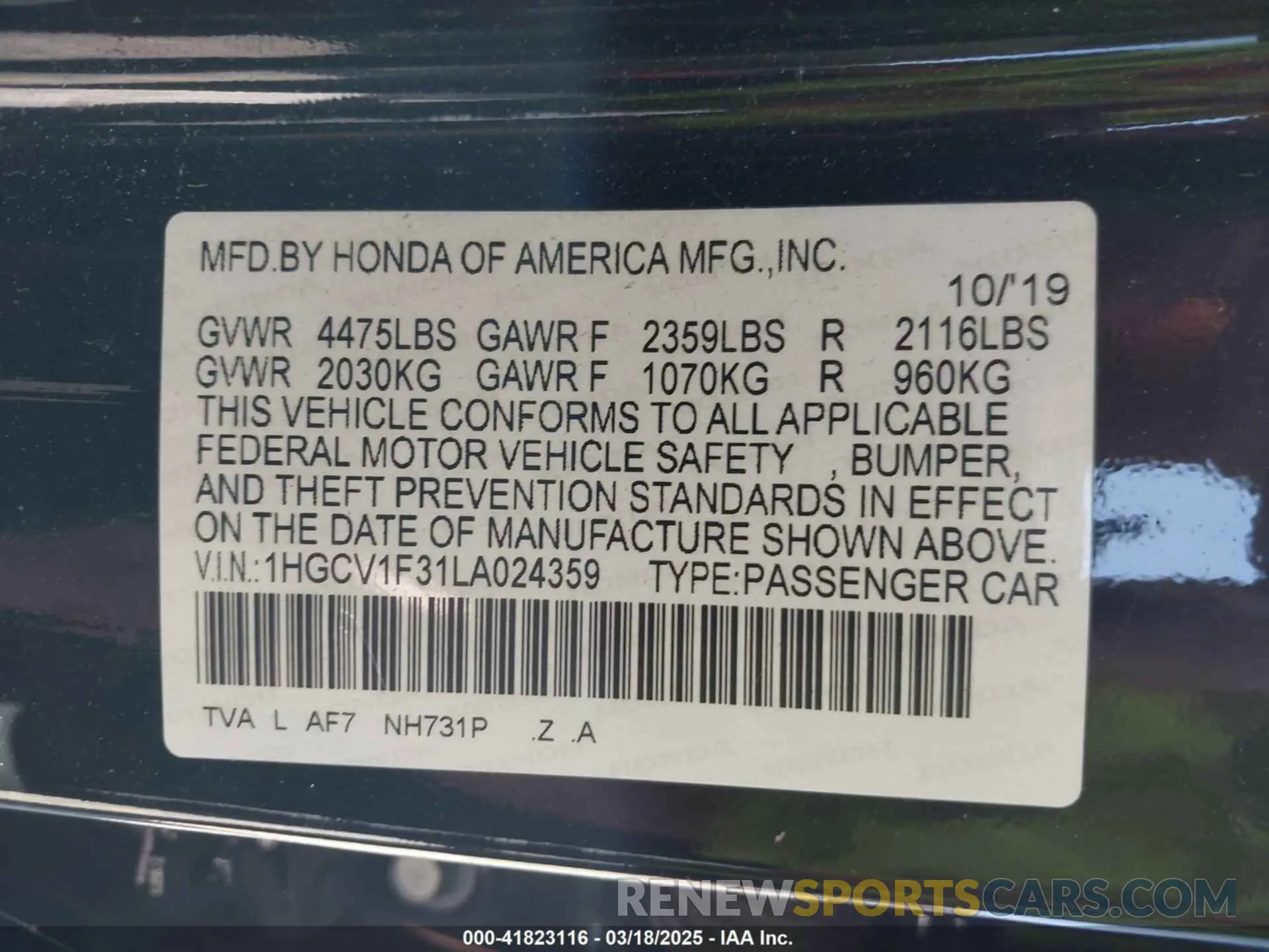 9 Photograph of a damaged car 1HGCV1F31LA024359 HONDA ACCORD 2020