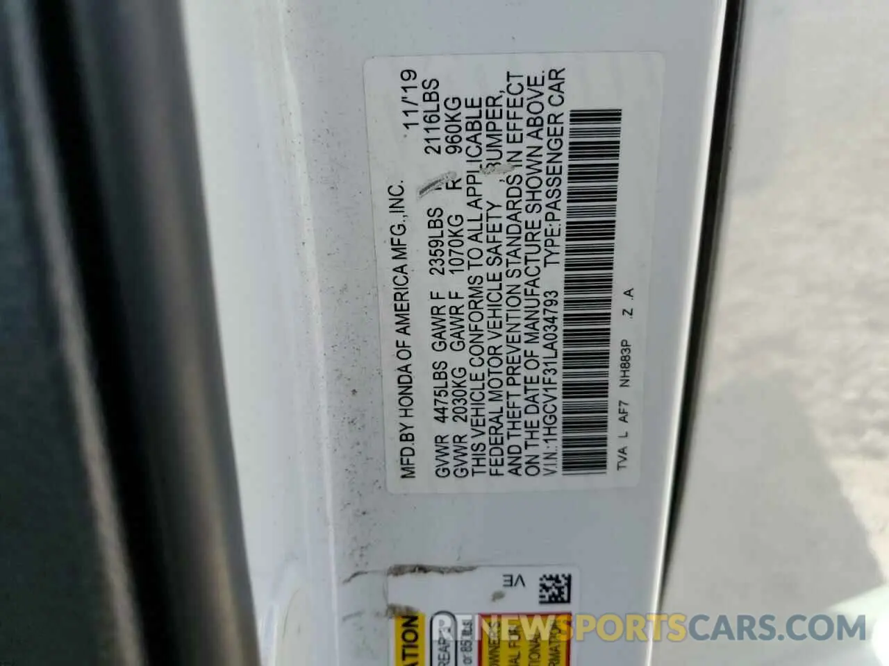 13 Photograph of a damaged car 1HGCV1F31LA034793 HONDA ACCORD 2020