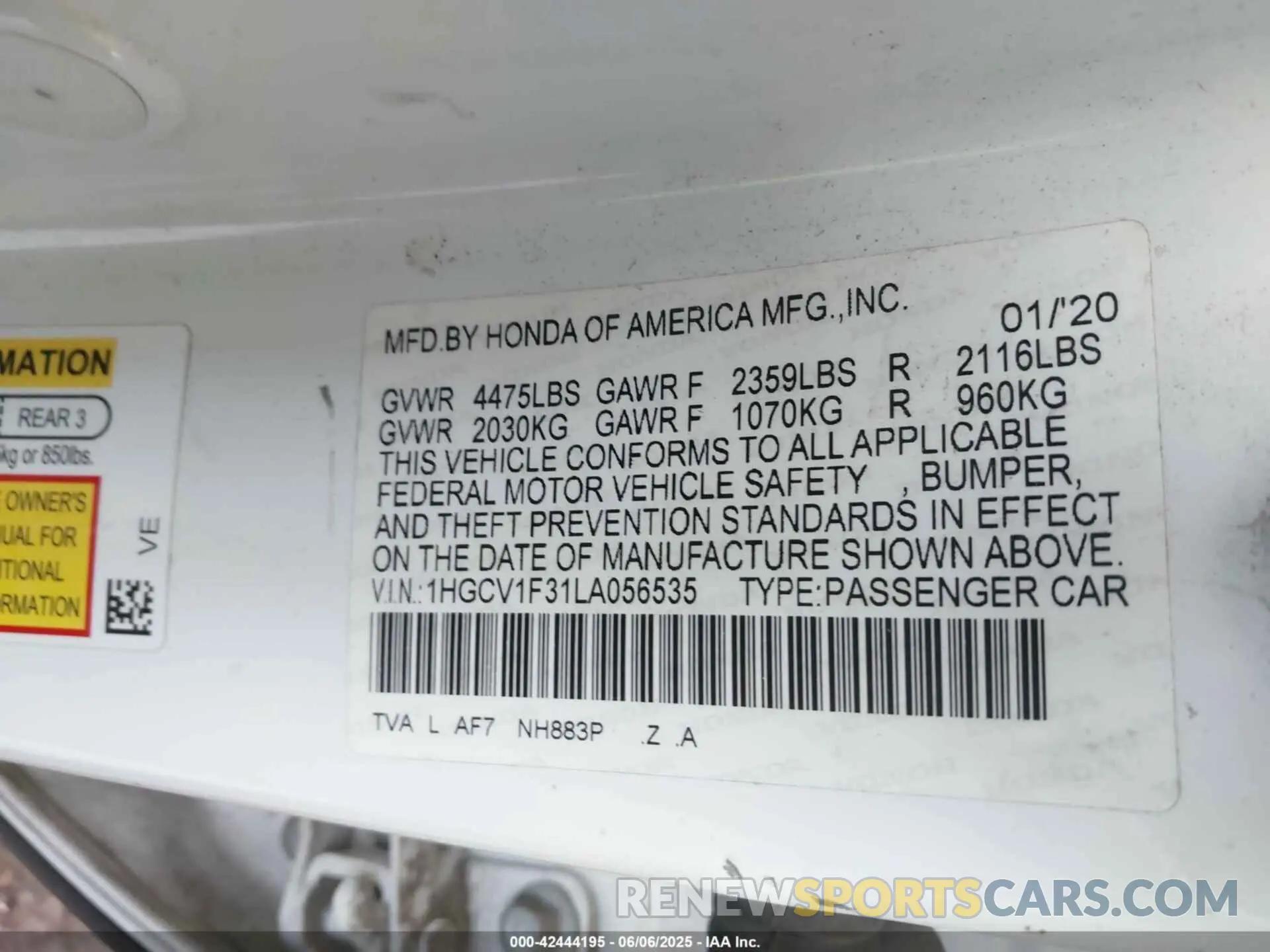 9 Photograph of a damaged car 1HGCV1F31LA056535 HONDA ACCORD 2020
