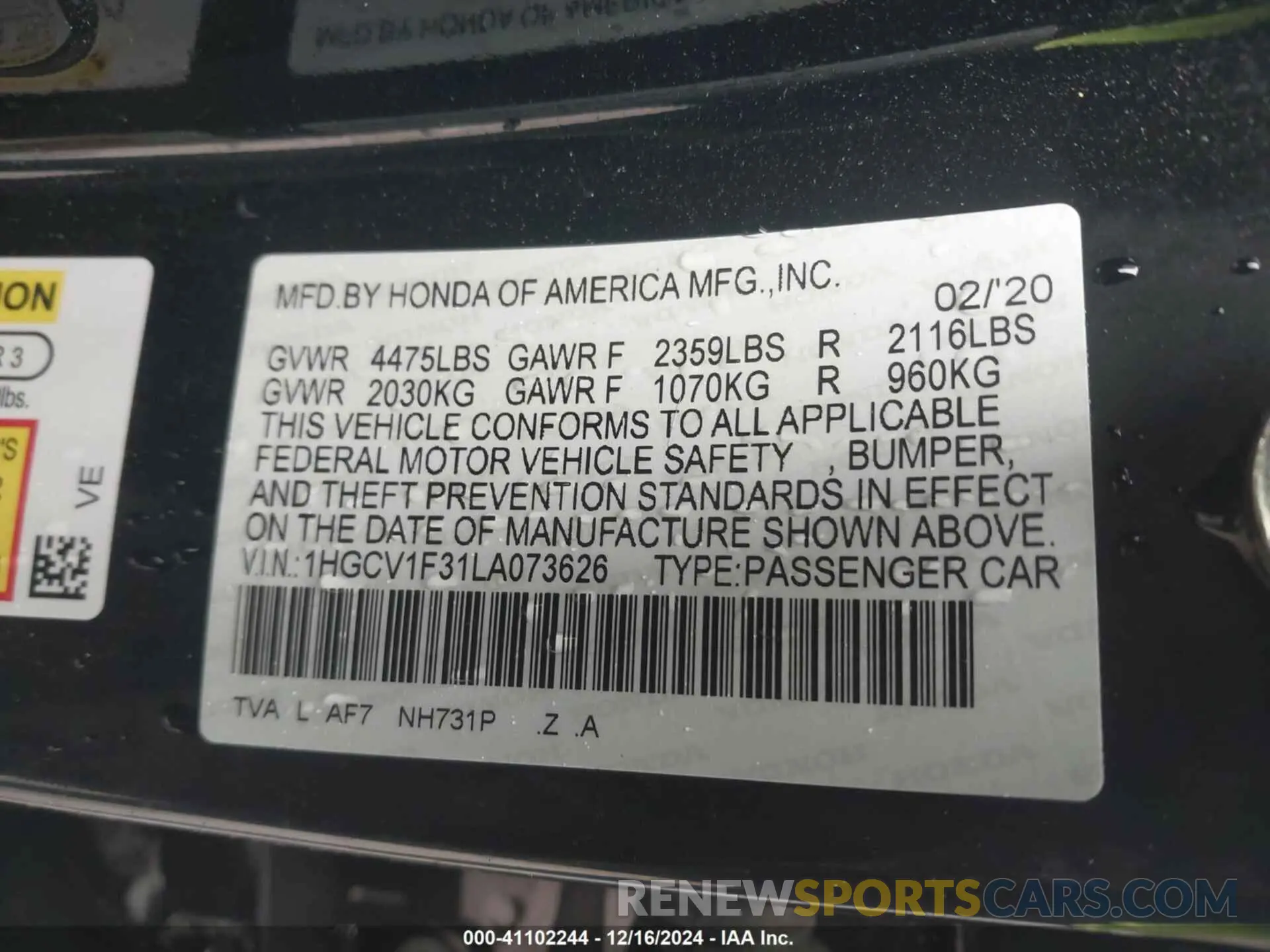 9 Photograph of a damaged car 1HGCV1F31LA073626 HONDA ACCORD 2020