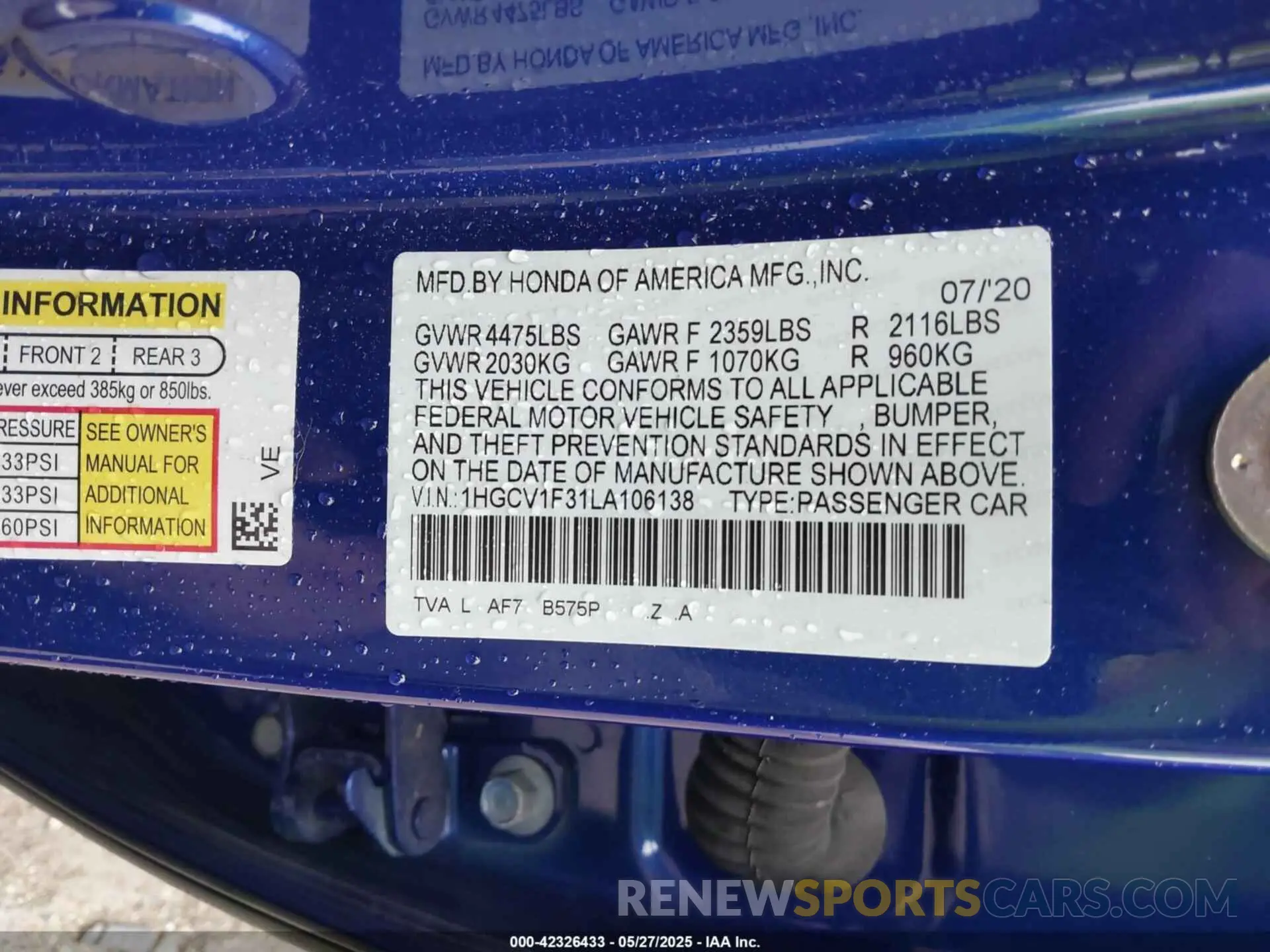 9 Photograph of a damaged car 1HGCV1F31LA106138 HONDA ACCORD 2020