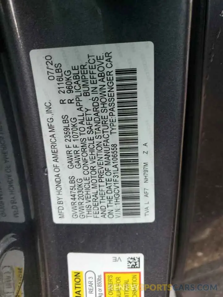 12 Photograph of a damaged car 1HGCV1F31LA106558 HONDA ACCORD 2020