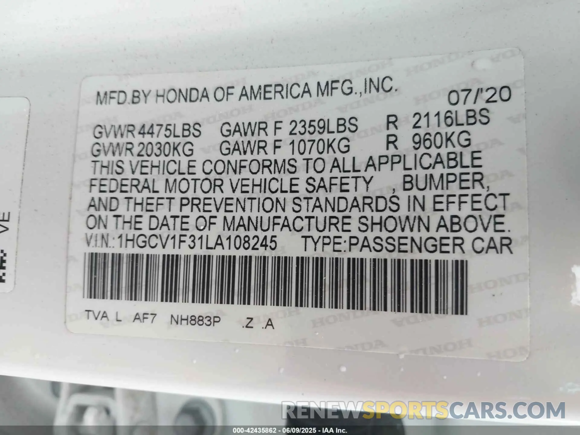 9 Photograph of a damaged car 1HGCV1F31LA108245 HONDA ACCORD 2020